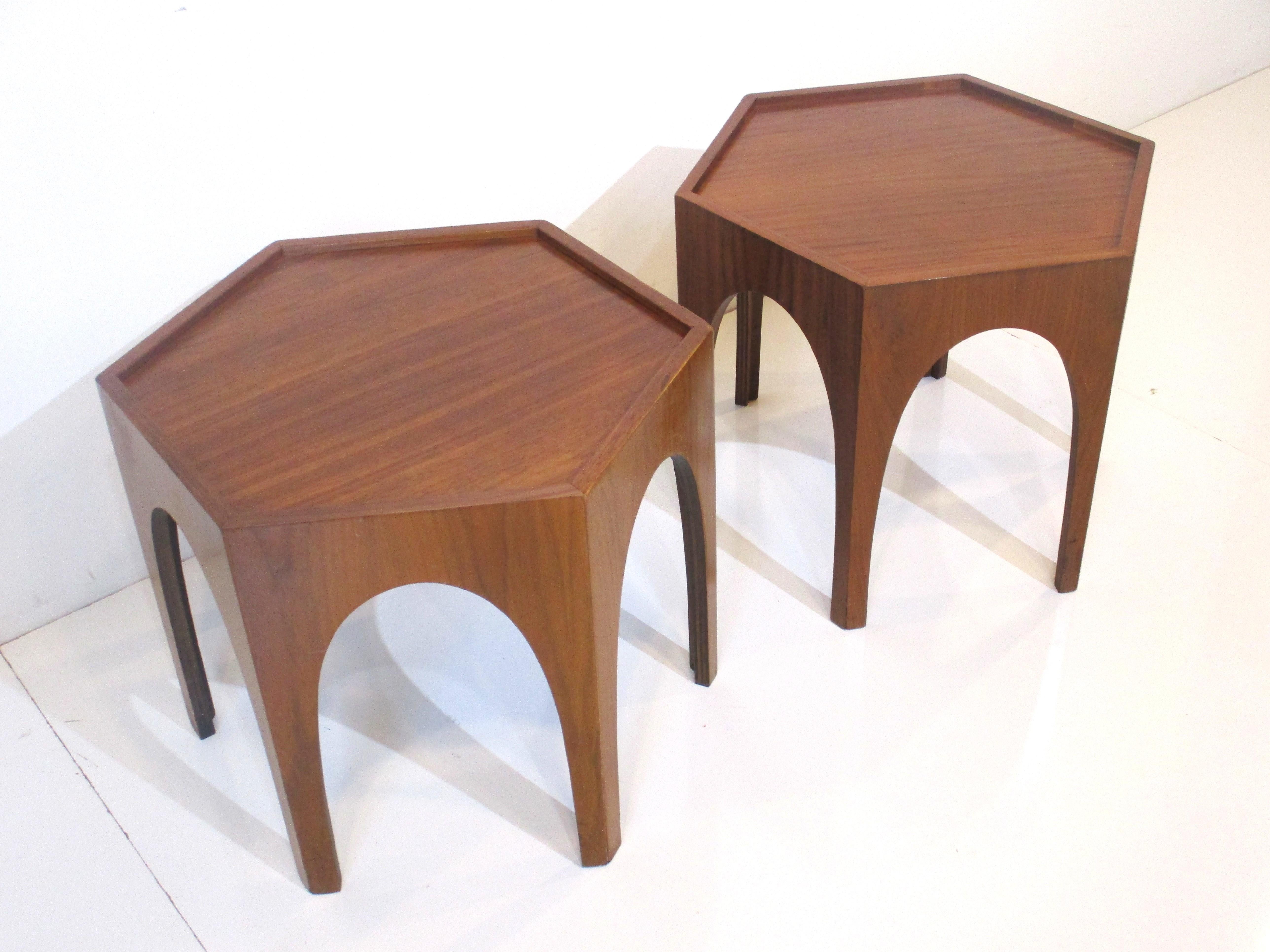 Mid Century Hexagon Walnut Side Tables in the style of Heritage 2