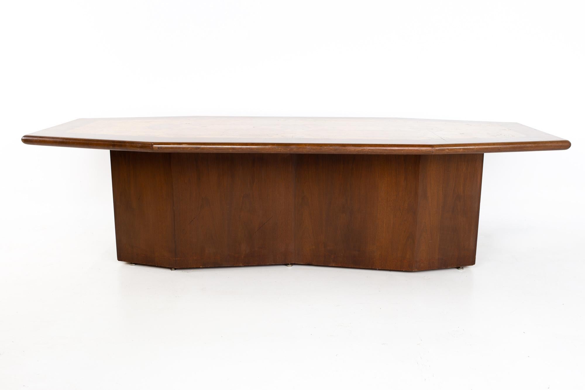 Late 20th Century Mid Century Hexagonal Burlwood and Walnut Pedestal Conference Dining Table For Sale