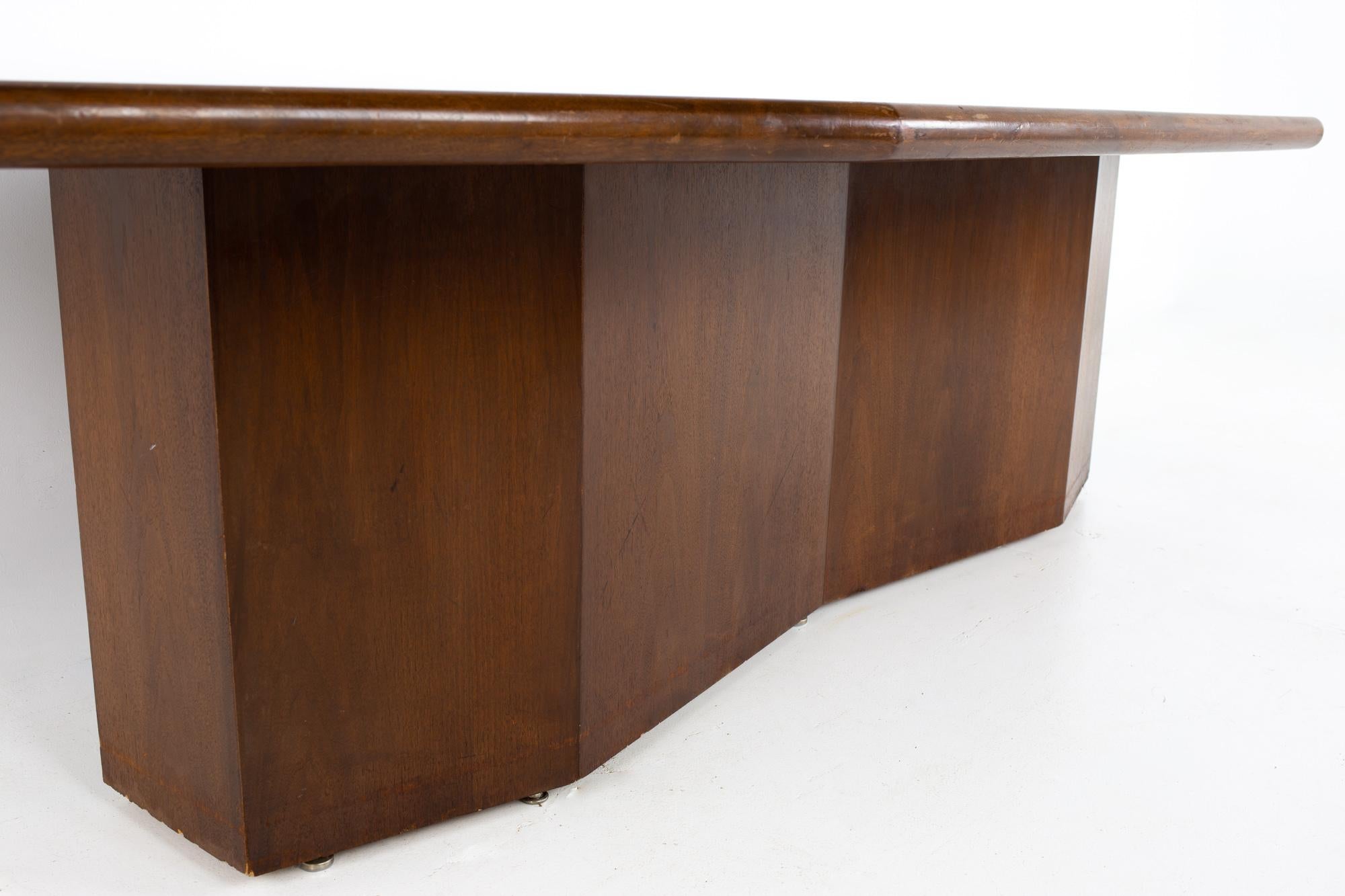 Mid Century Hexagonal Burlwood and Walnut Pedestal Conference Dining Table For Sale 1