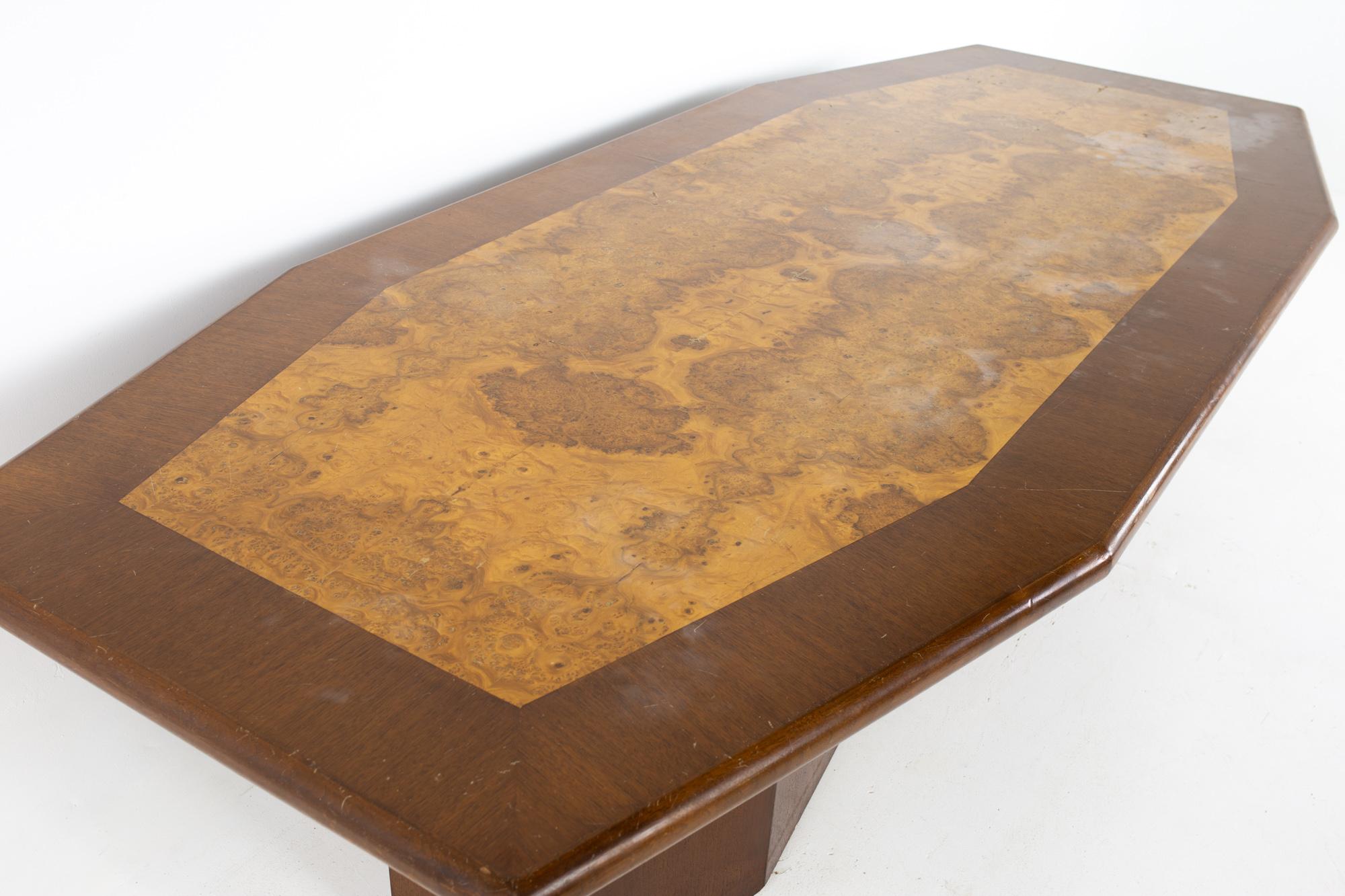 Mid Century Hexagonal Burlwood and Walnut Pedestal Conference Dining Table For Sale 2