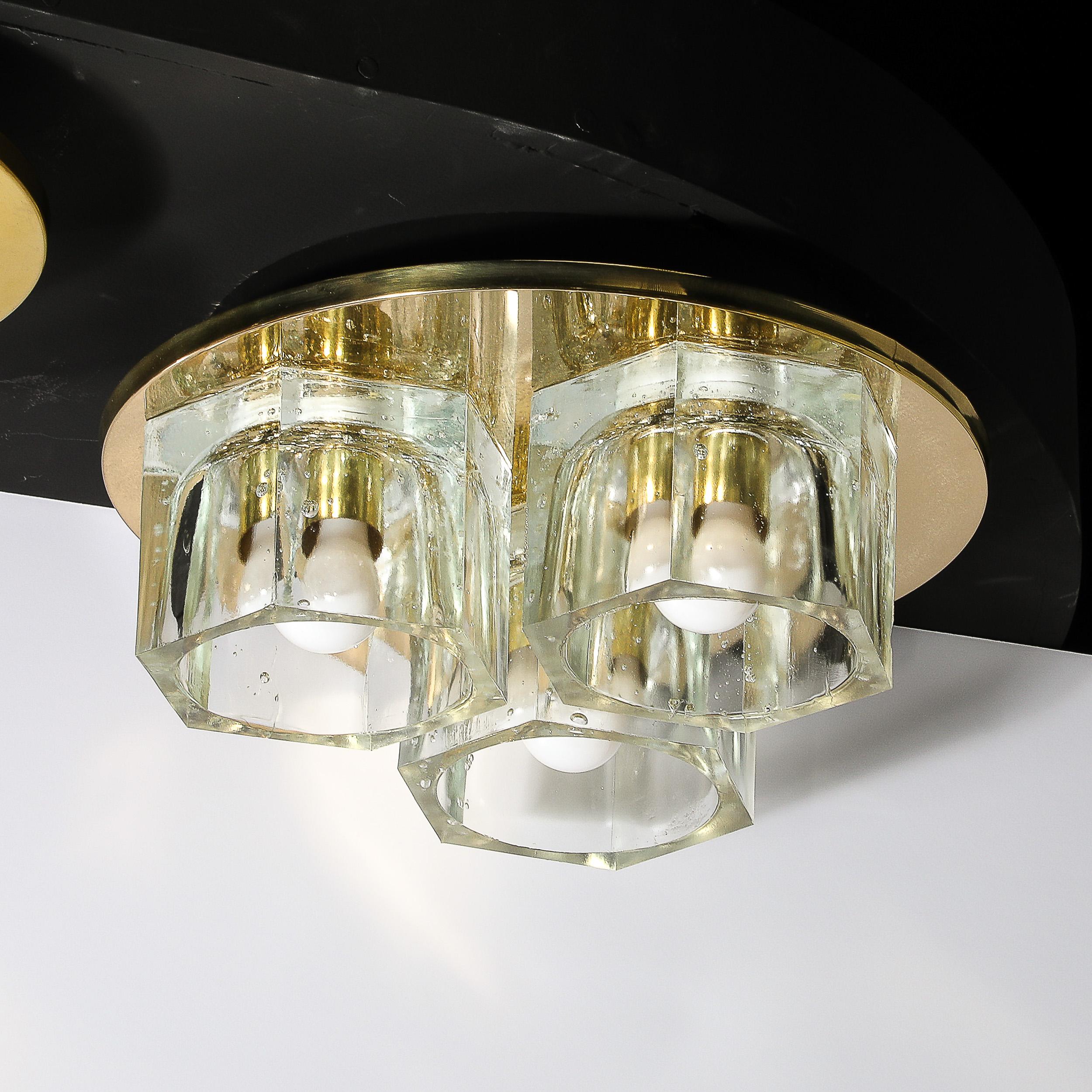 Mid-Century Hexagonal Glass Flush Mount Chandelier in Brass by Lightolier For Sale 4