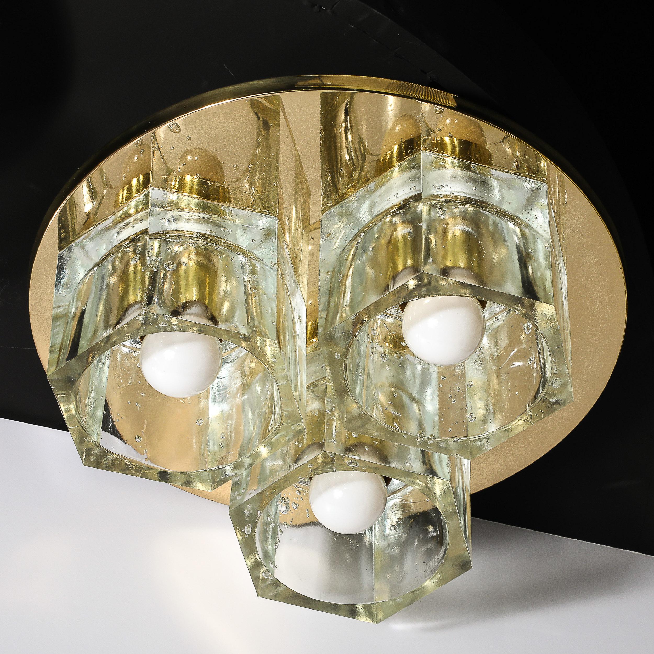 Mid-Century Hexagonal Glass Flush Mount Chandelier in Brass by Lightolier For Sale 5