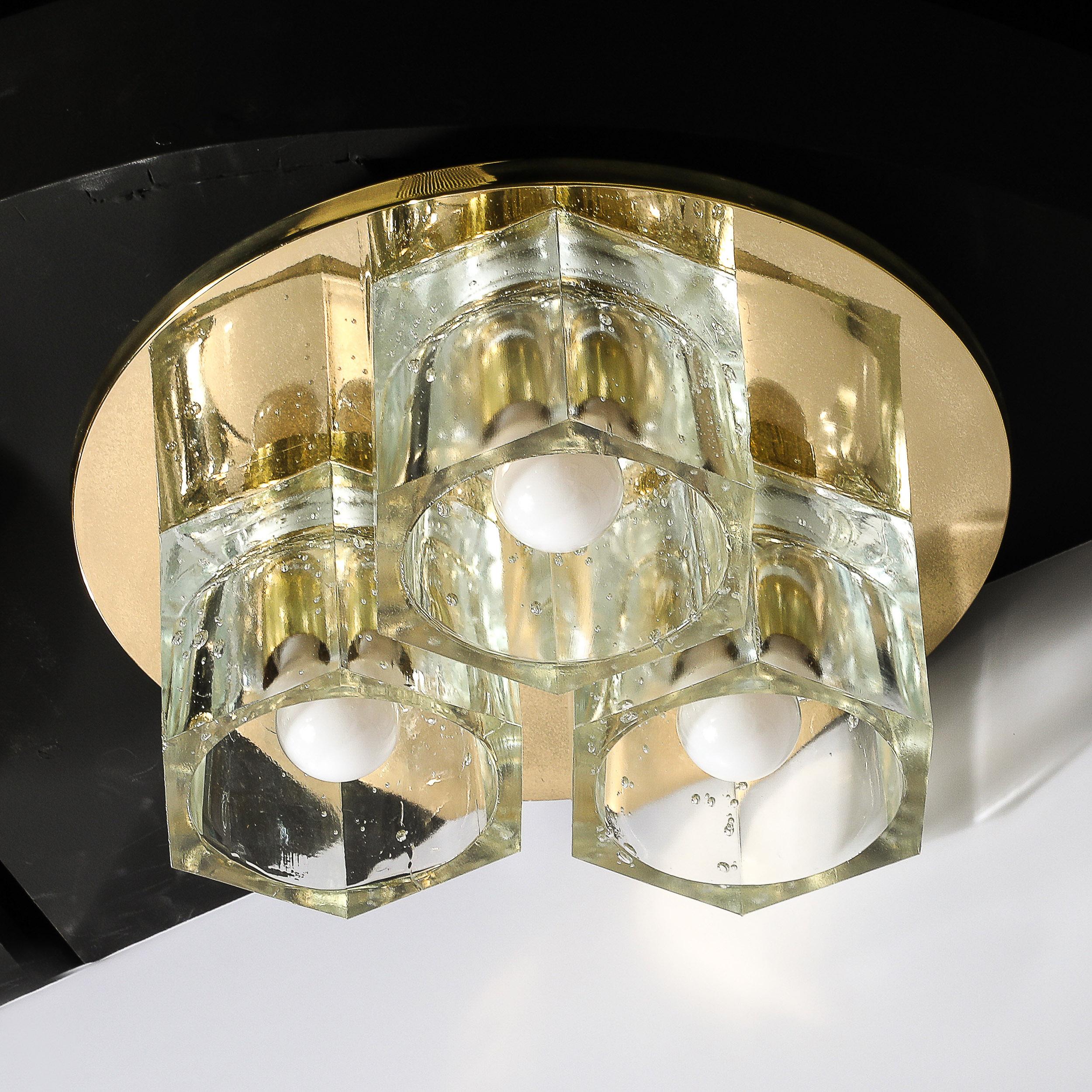 Mid-Century Hexagonal Glass Flush Mount Chandelier in Brass by Lightolier For Sale 6