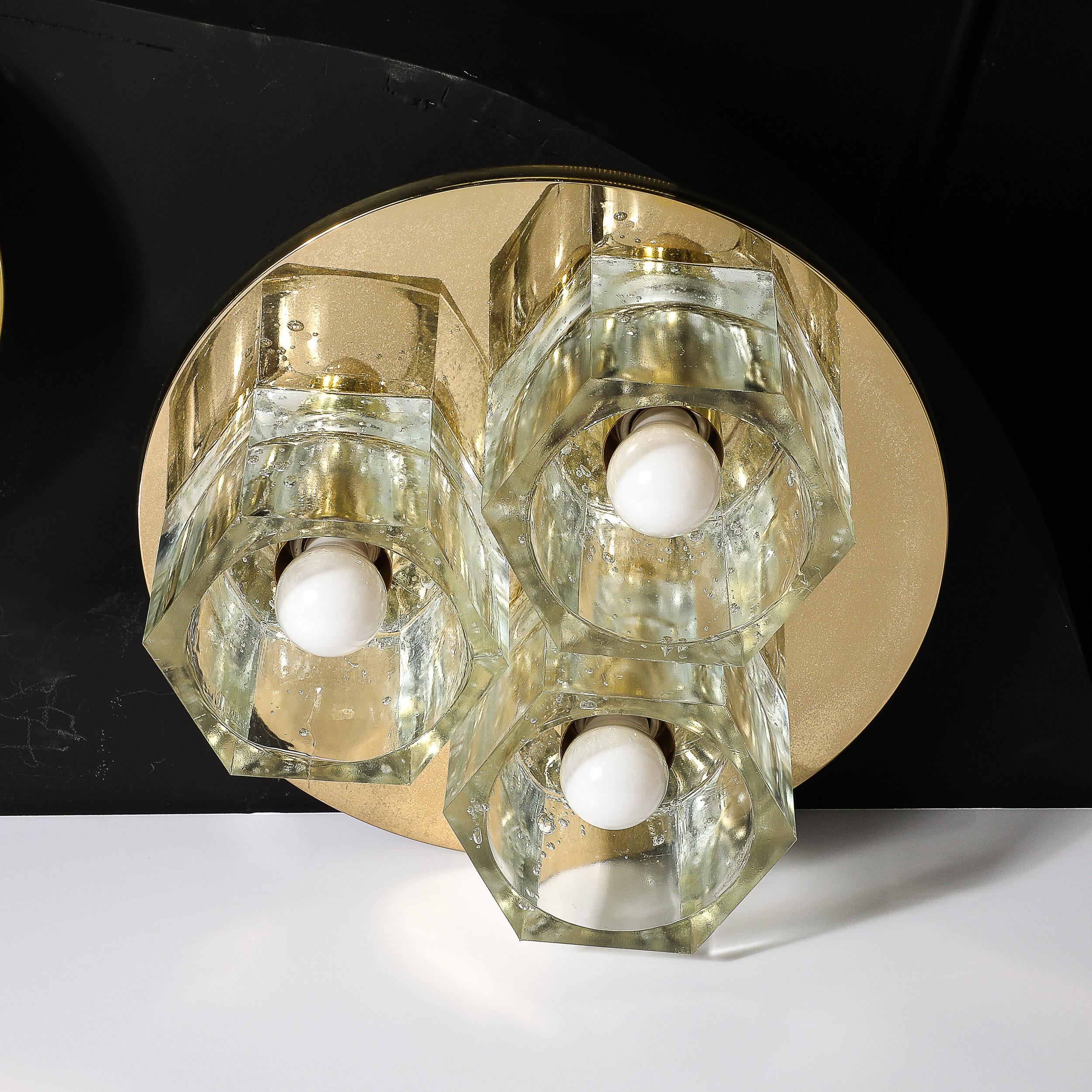 Mid-Century Hexagonal Glass Flush Mount Chandelier in Brass by Lightolier For Sale 9