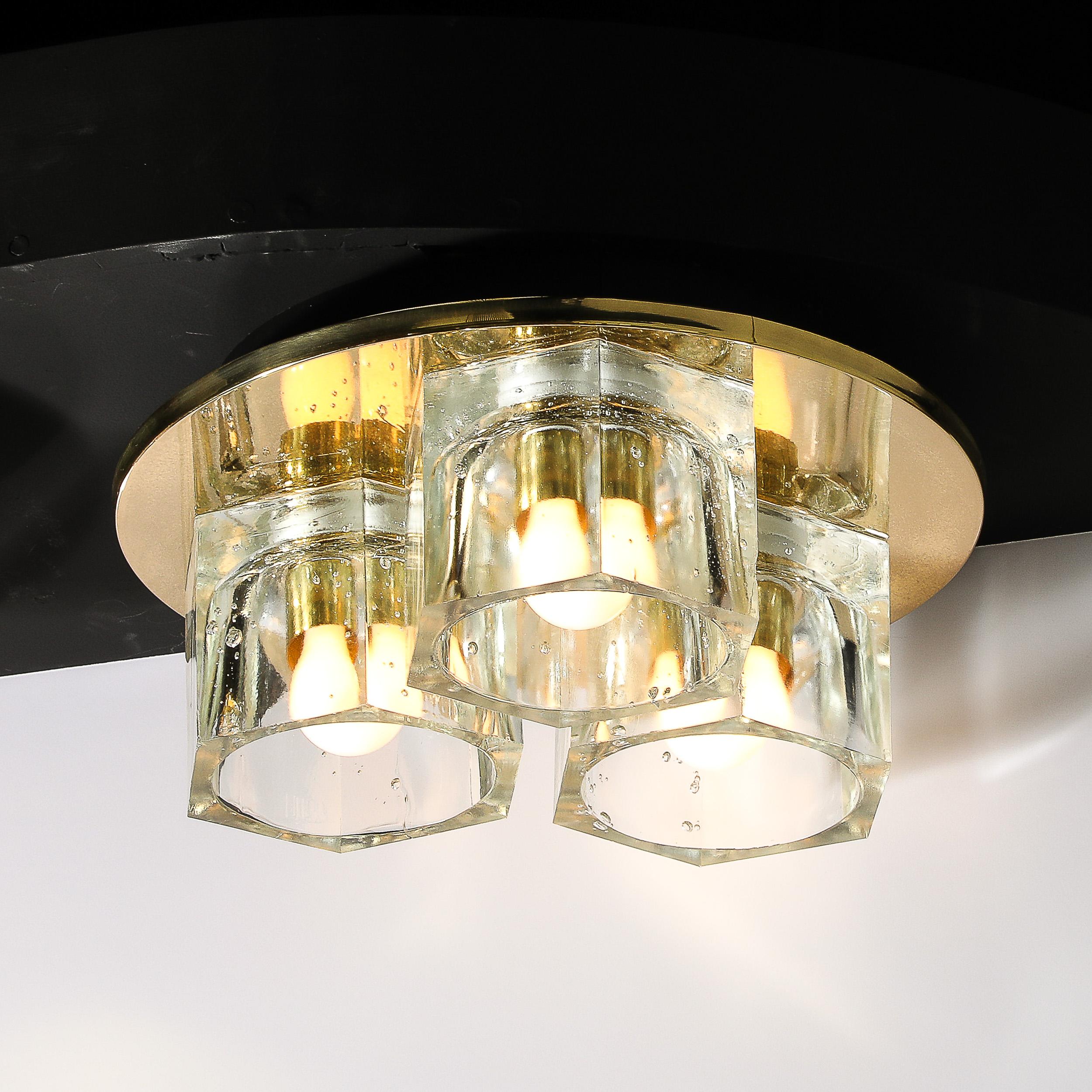 Mid-Century Hexagonal Glass Flush Mount Chandelier in Brass by Lightolier In Excellent Condition For Sale In New York, NY