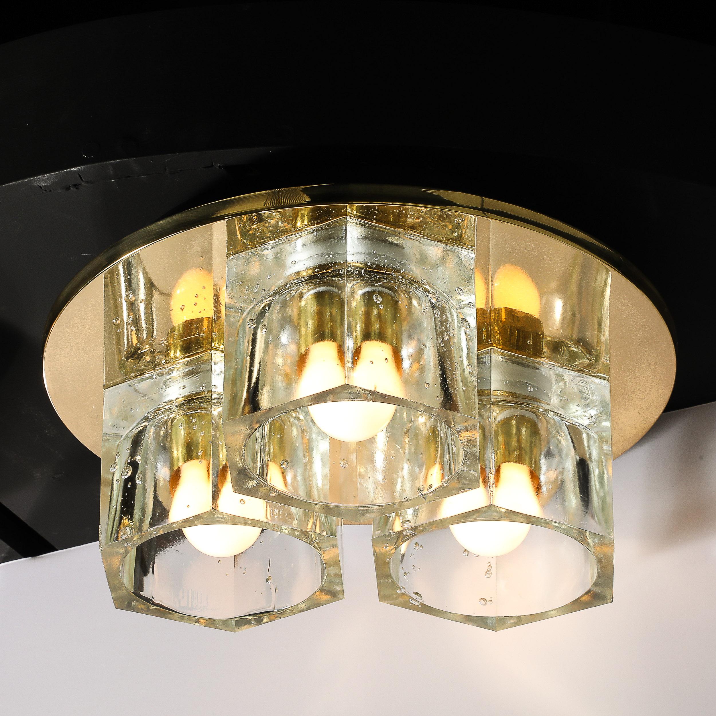 Late 20th Century Mid-Century Hexagonal Glass Flush Mount Chandelier in Brass by Lightolier For Sale