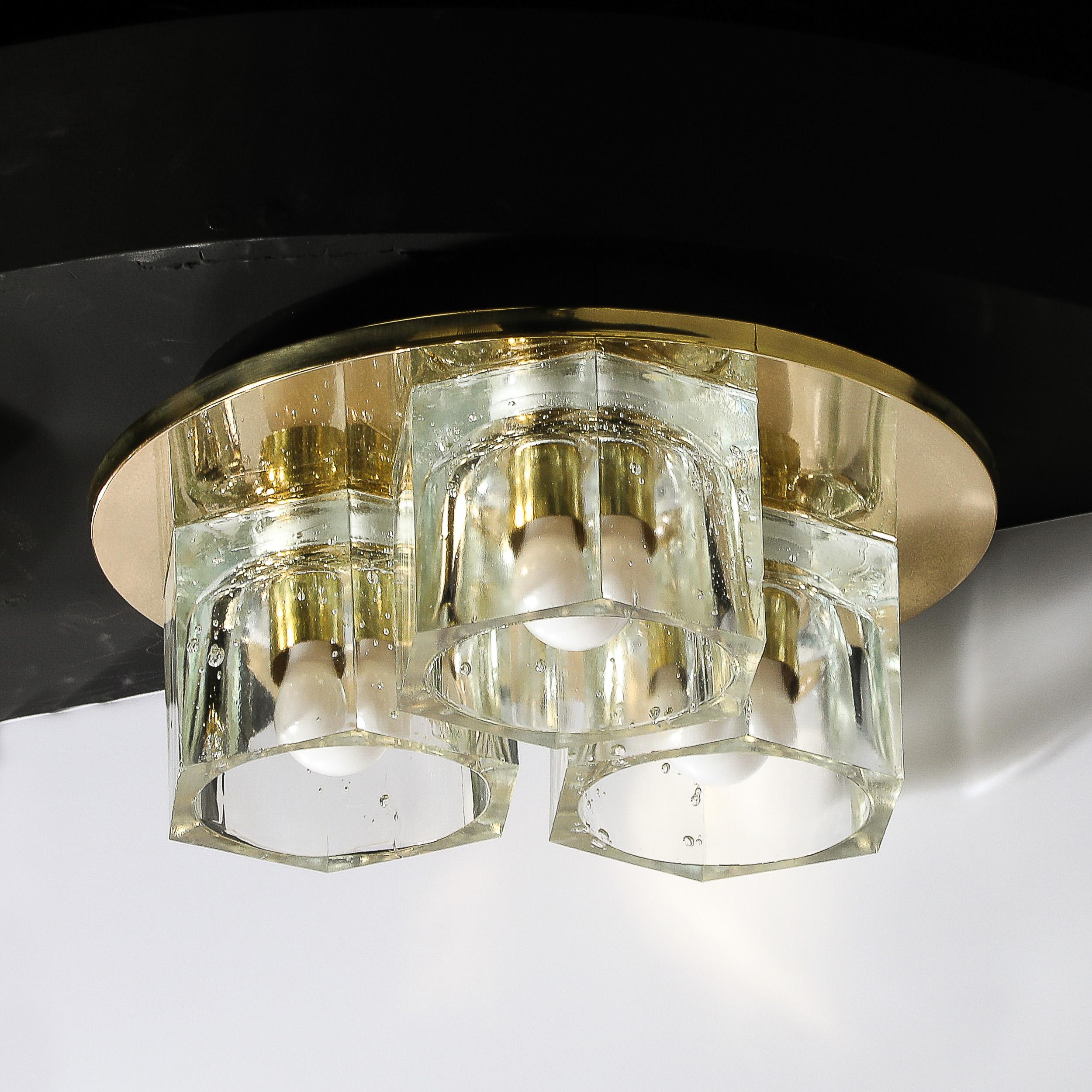 Mid-Century Hexagonal Glass Flush Mount Chandelier in Brass by Lightolier For Sale 2