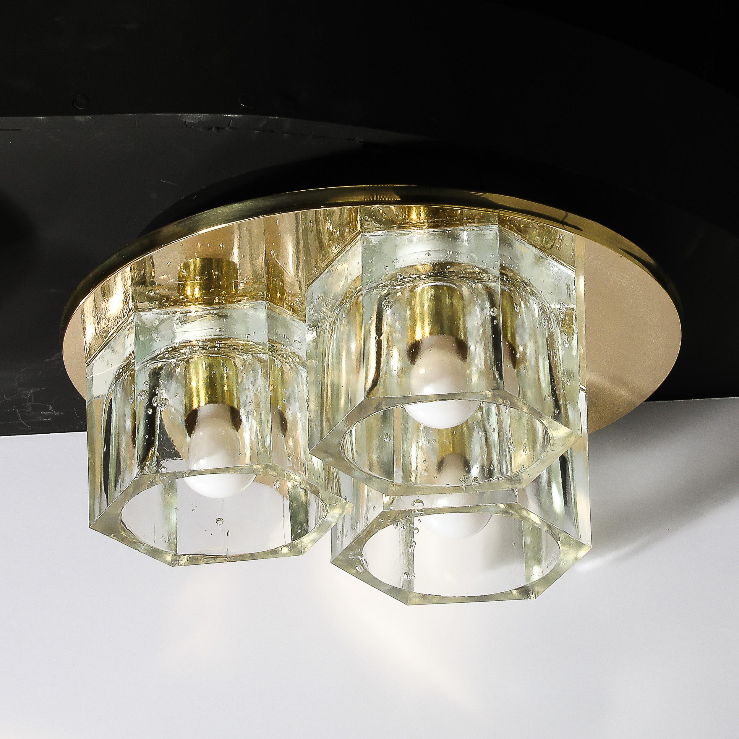 Mid-Century Hexagonal Glass Flush Mount Chandelier in Brass by Lightolier For Sale 3