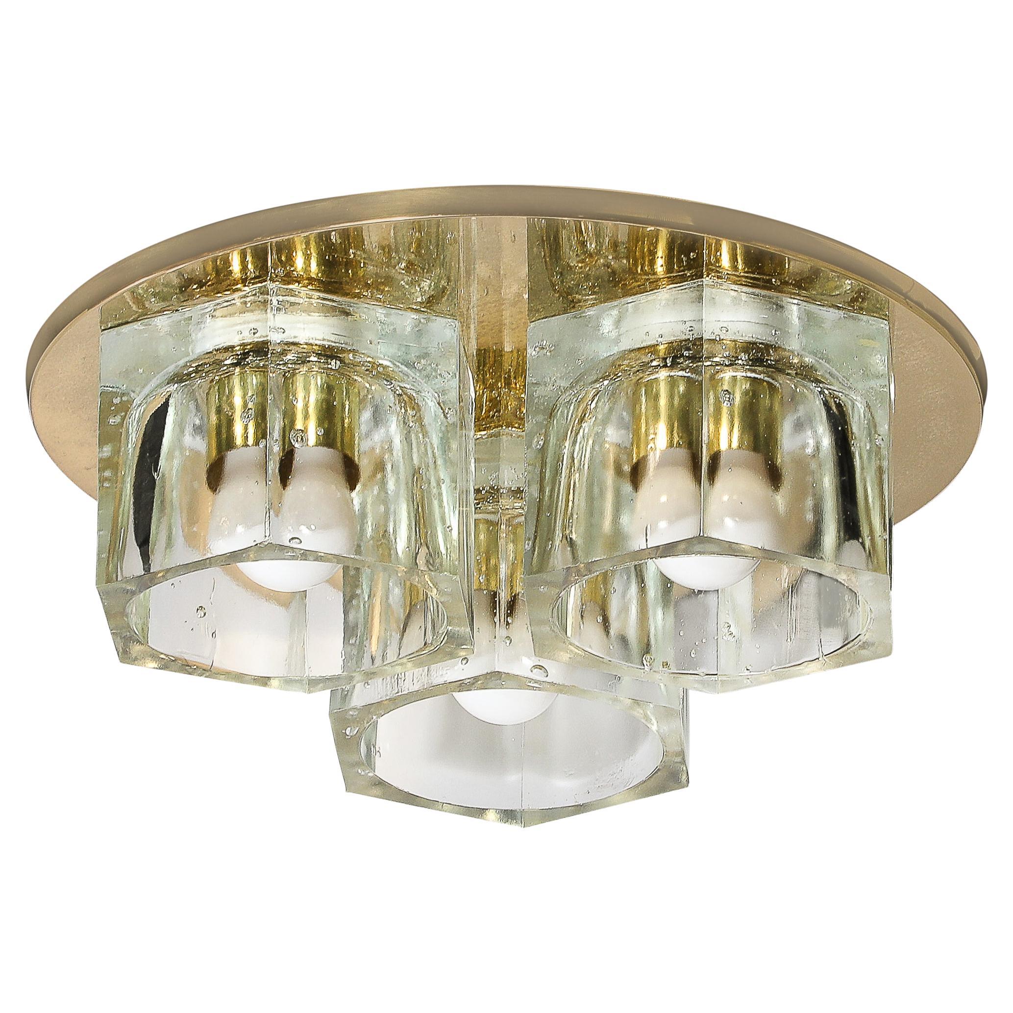 Mid-Century Hexagonal Glass Flush Mount Chandelier in Brass by Lightolier