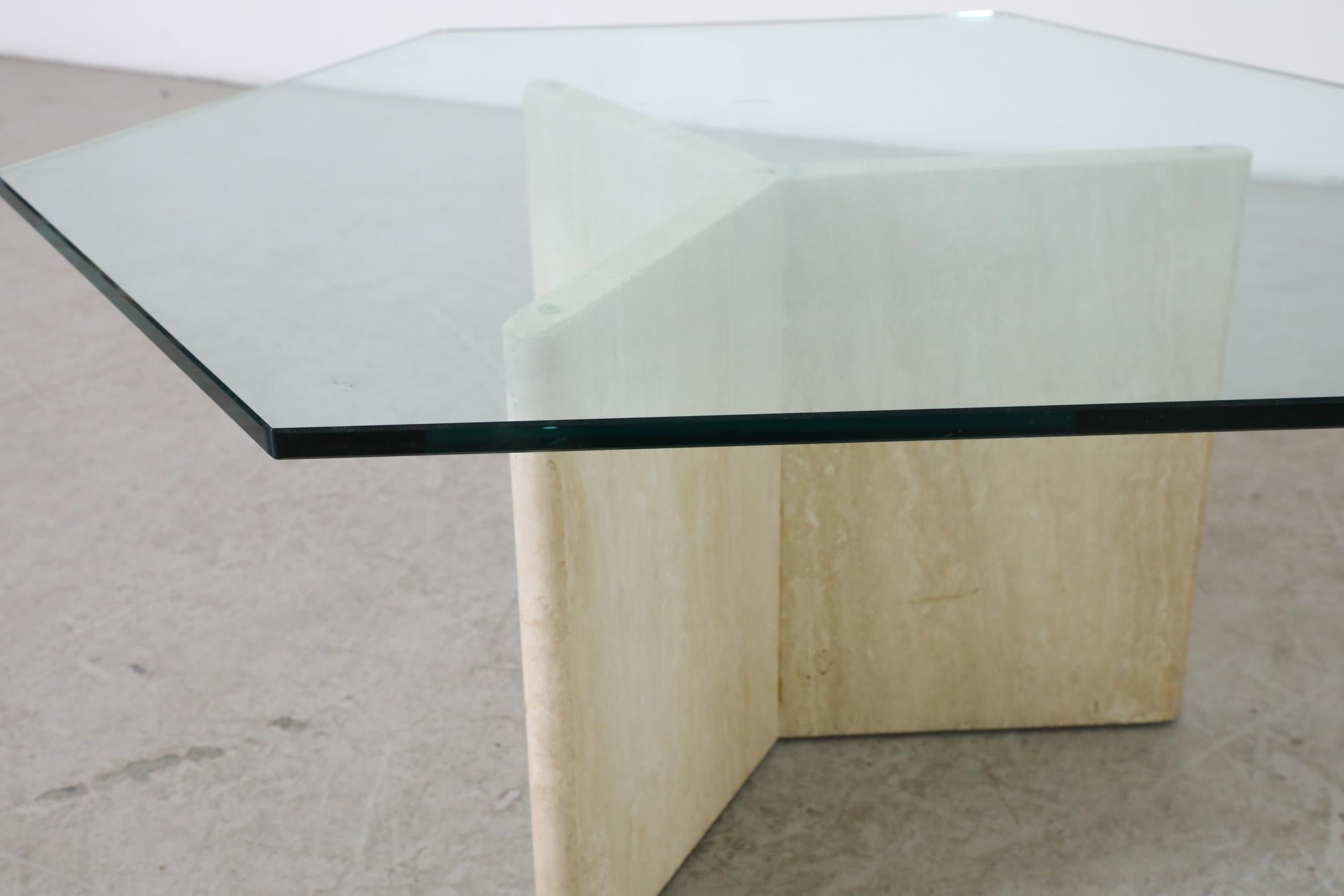 Mid-Century Hexagonal Glass Side or Coffee Table with Travertine Base 4