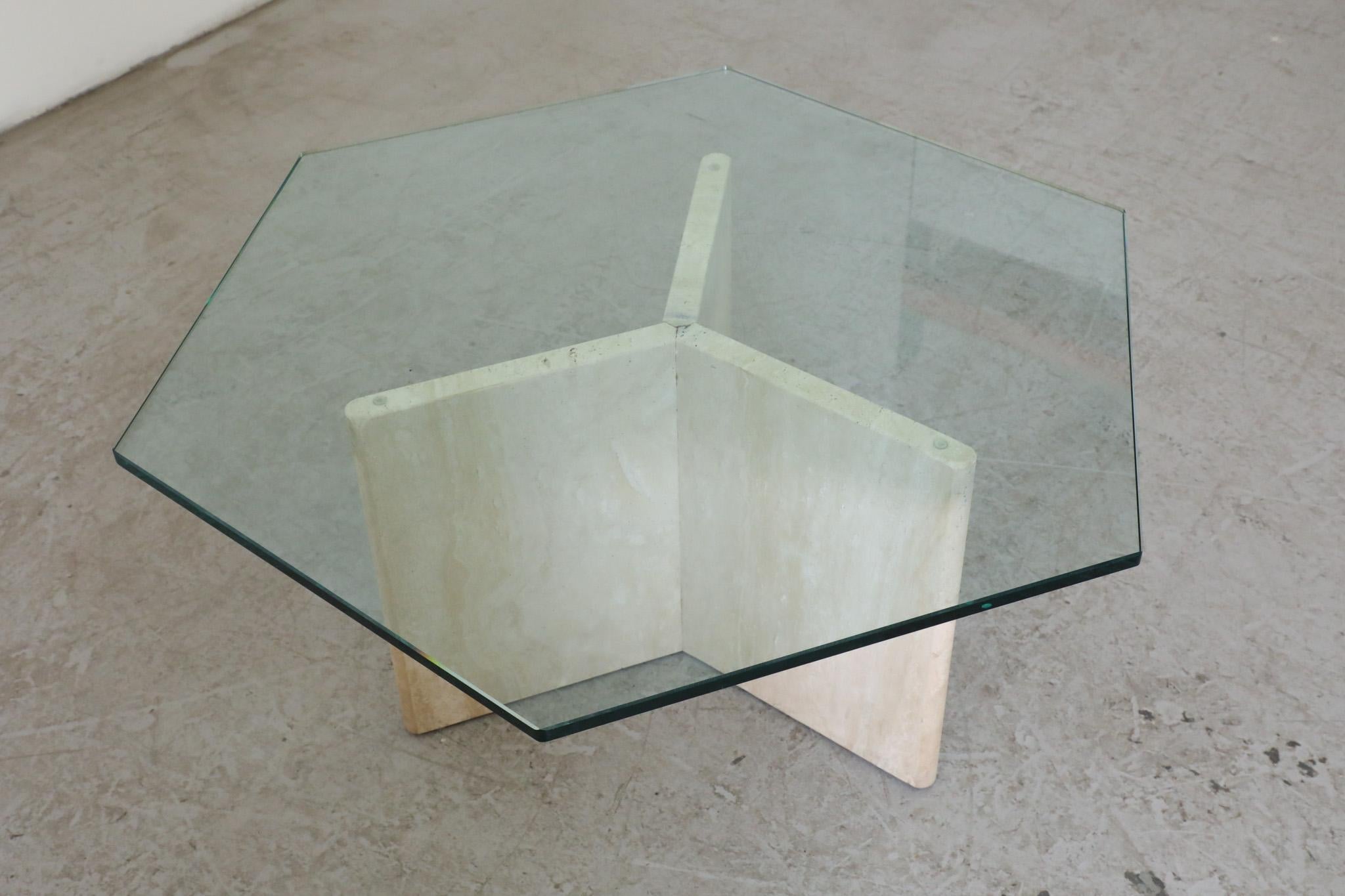 Mid-Century Hexagonal Glass Side or Coffee Table with Travertine Base 7