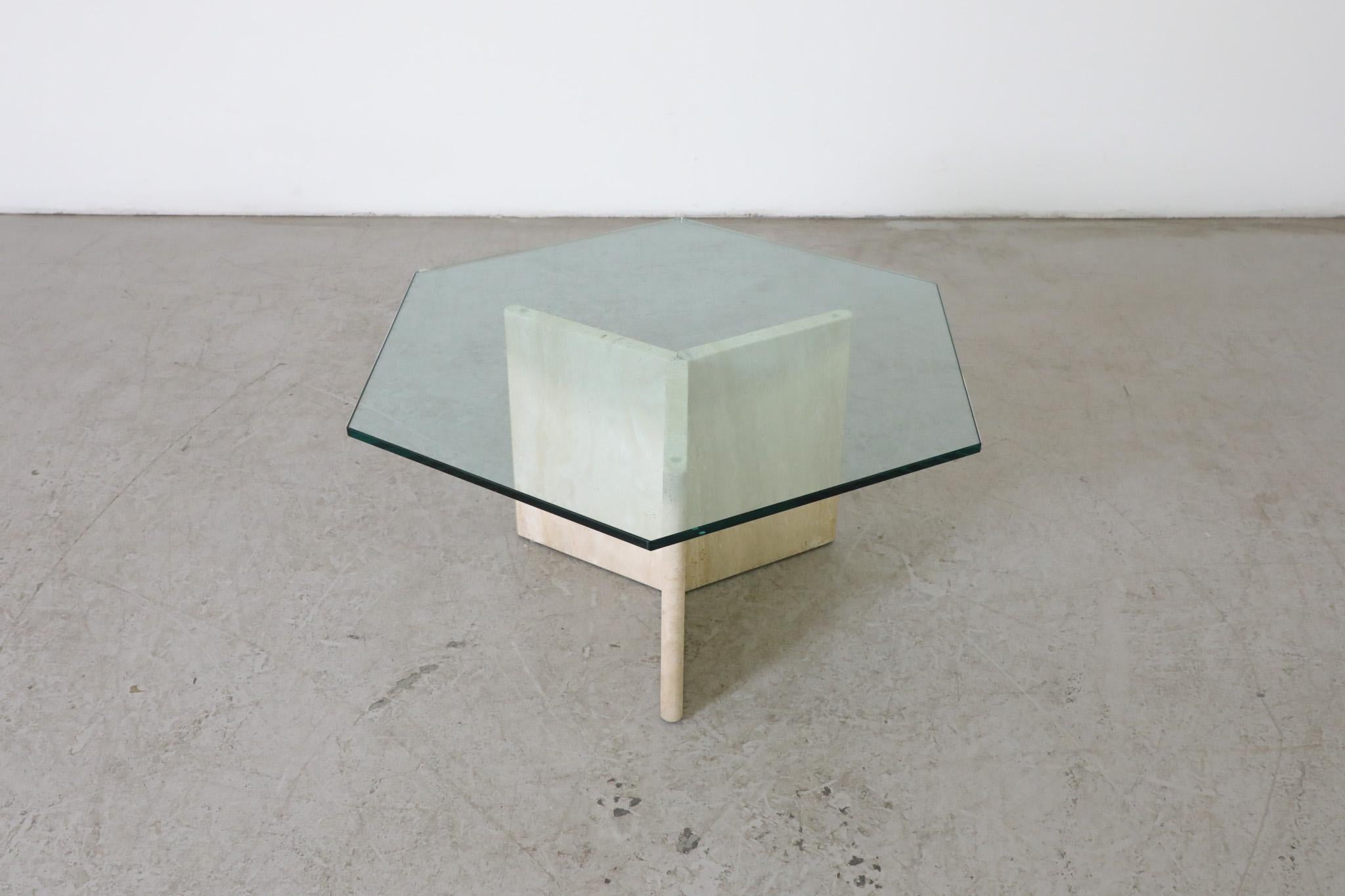 Mid-Century Hexagonal Glass Side or Coffee Table with Travertine Base In Good Condition In Los Angeles, CA