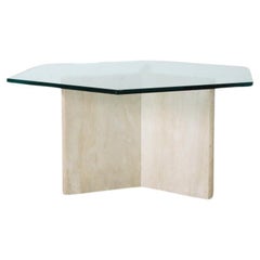 Mid-Century Hexagonal Glass Side or Coffee Table with Travertine Base