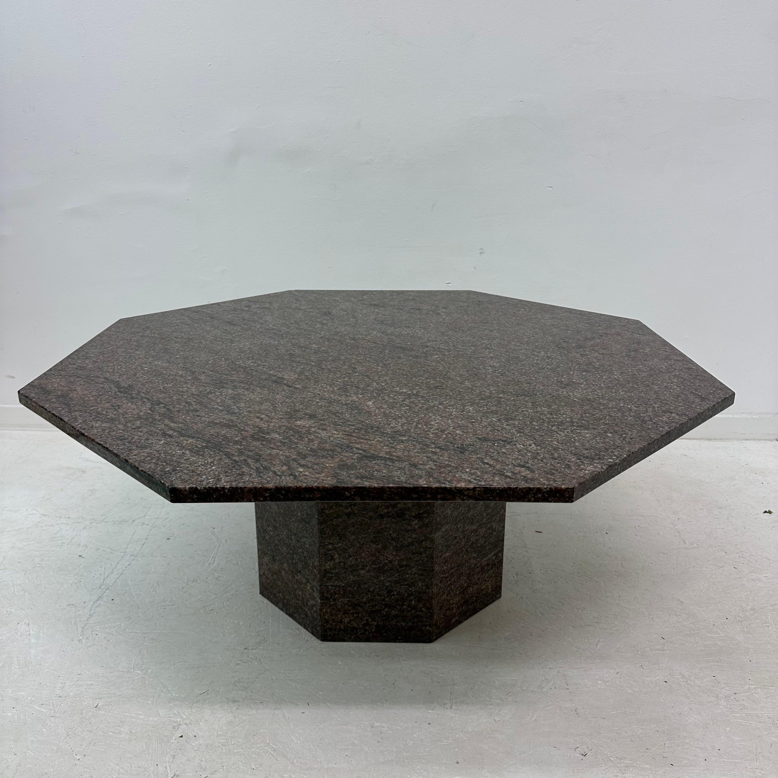 Mid century hexagonal granite coffee table, 1980’s

Dimensions: 100cm W , 100cmD, 42cmH
Period: 1980’s
Condition: Good had one small chip see photos.