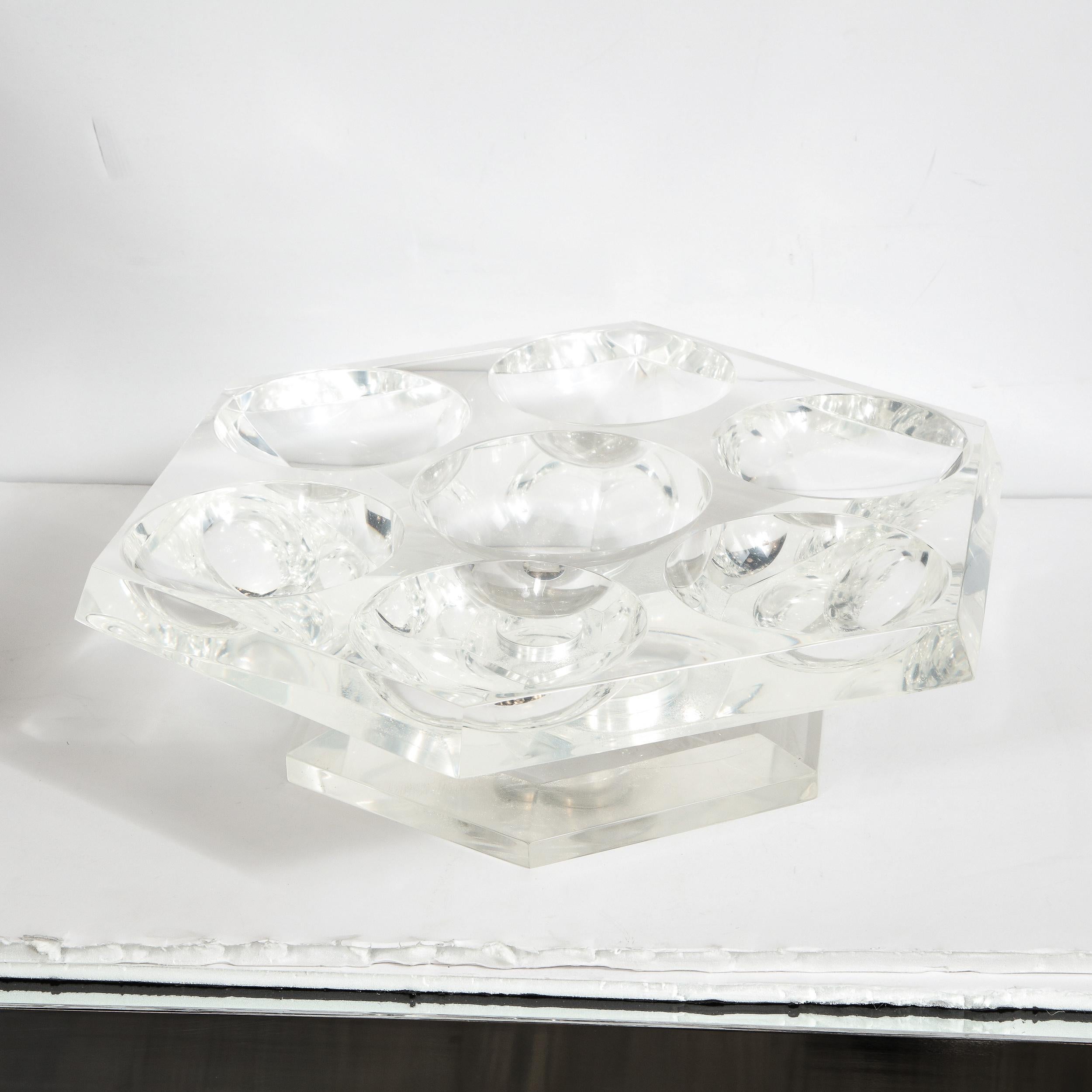 Midcentury Hexagonal Lucite Rotating Tray with Concave Serving Indentations 3