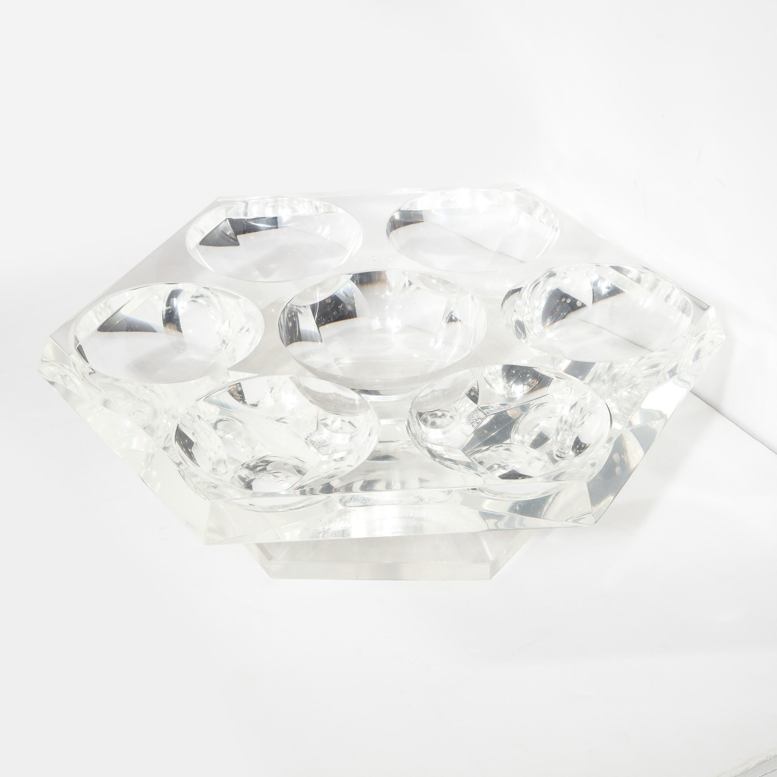 Midcentury Hexagonal Lucite Rotating Tray with Concave Serving Indentations 6