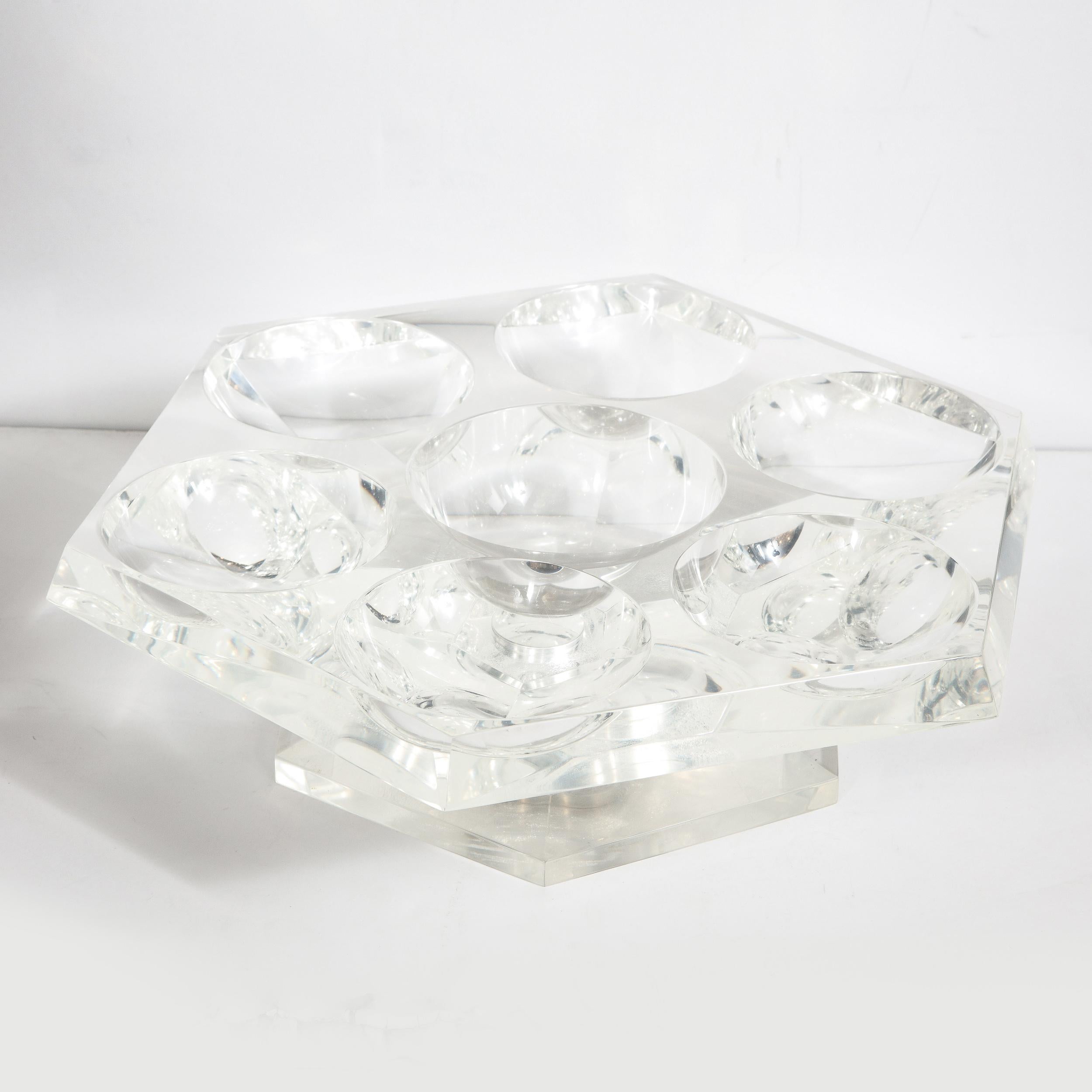 American Midcentury Hexagonal Lucite Rotating Tray with Concave Serving Indentations