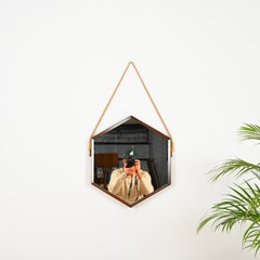 Mid-Century Hexagonal Mirror in Teak and Leather by Campo & Graffi, Italy 1960s