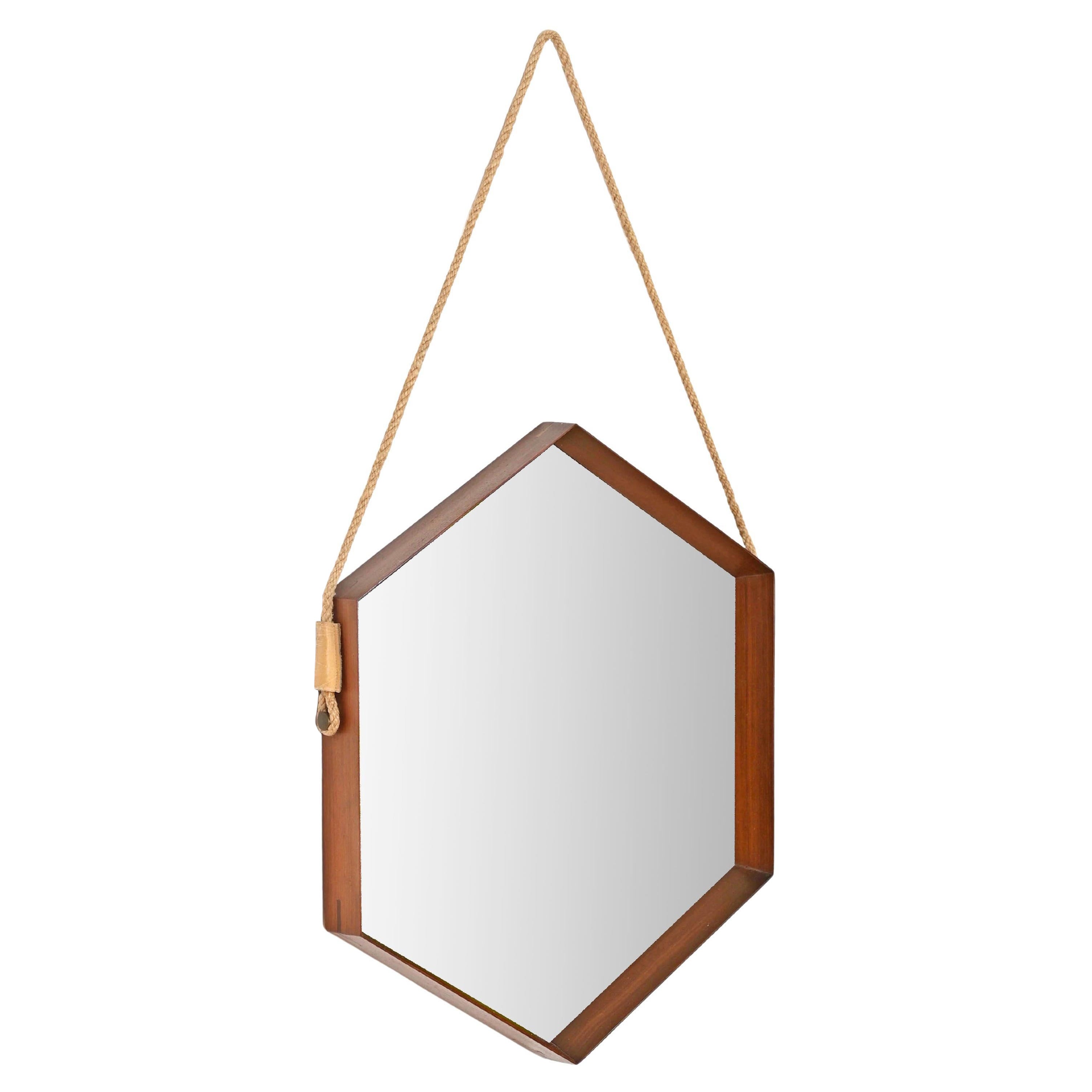 Mid-Century Hexagonal Mirror in Teak and Leather by Campo & Graffi, Italy 1960s