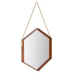 Mid-Century Hexagonal Mirror in Teak and Leather by Campo & Graffi, Italy 1960s