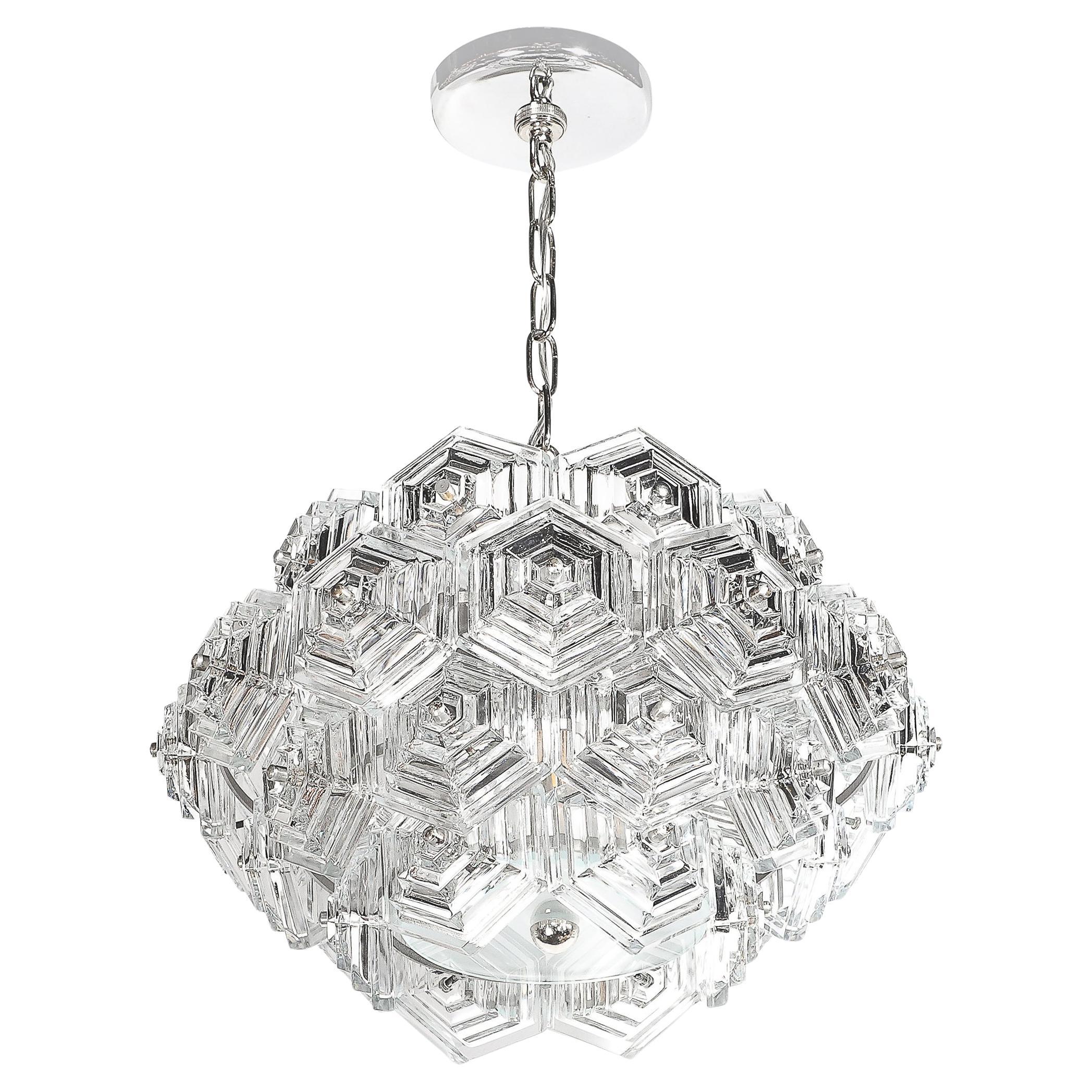 Mid-Century Hexagonal Prism & Frosted Glass Diffuser Chandelier by Veb Ebersbach For Sale
