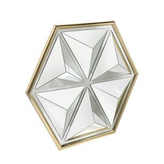 Mid-Century Hexagonal Segmented Kaleidoscopic Mirror W/ Rounded Brass Frame