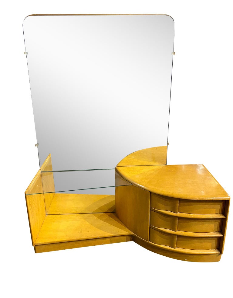 Midcentury Heywood Wakefield Sculptura Maple Mirror Vanity Deco with
