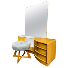 Midcentury Heywood Wakefield Sculptura Maple Mirror Vanity Deco with Stool