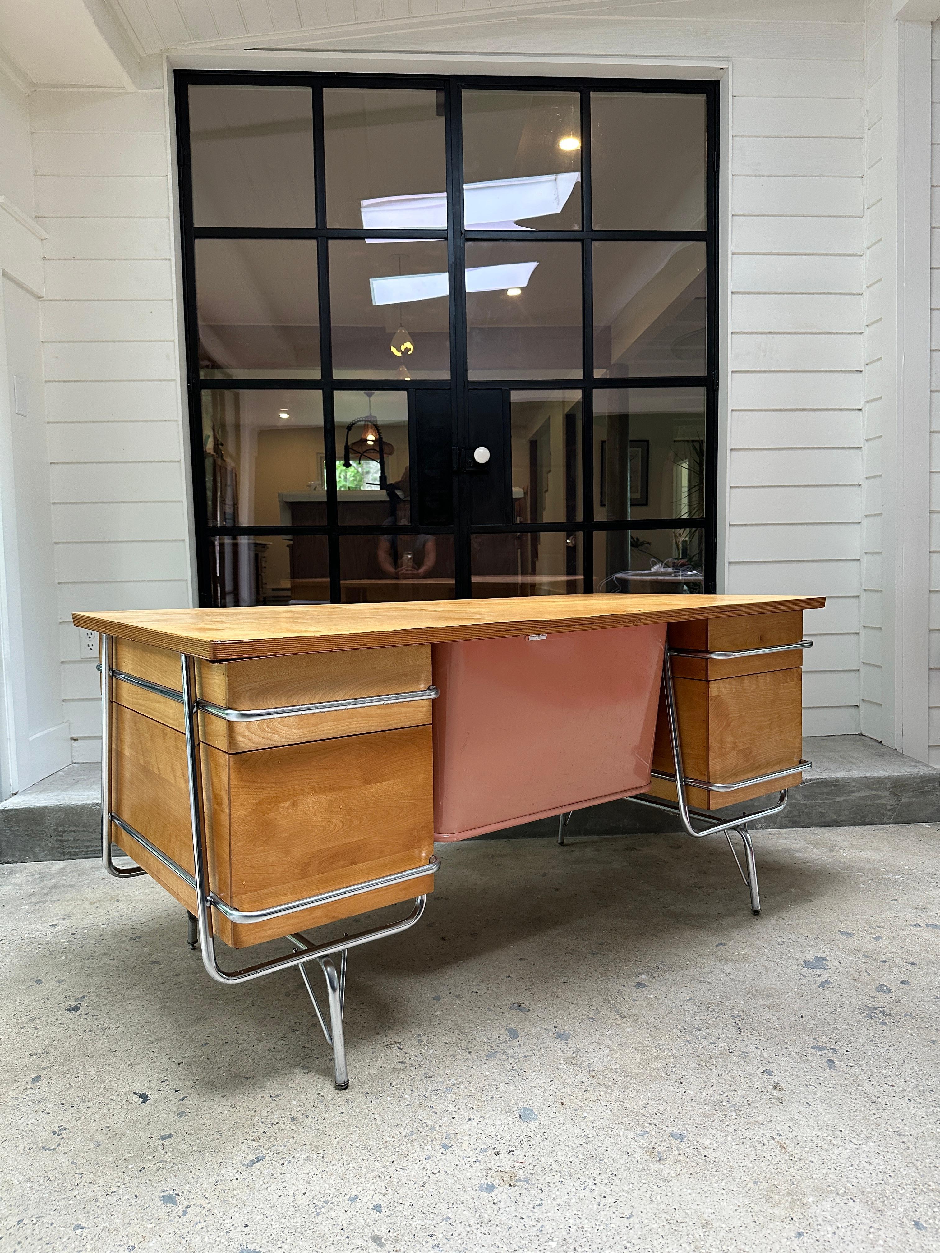 Chrome Mid Century Heywood Wakefield Trimiline desk by Kem Weber design