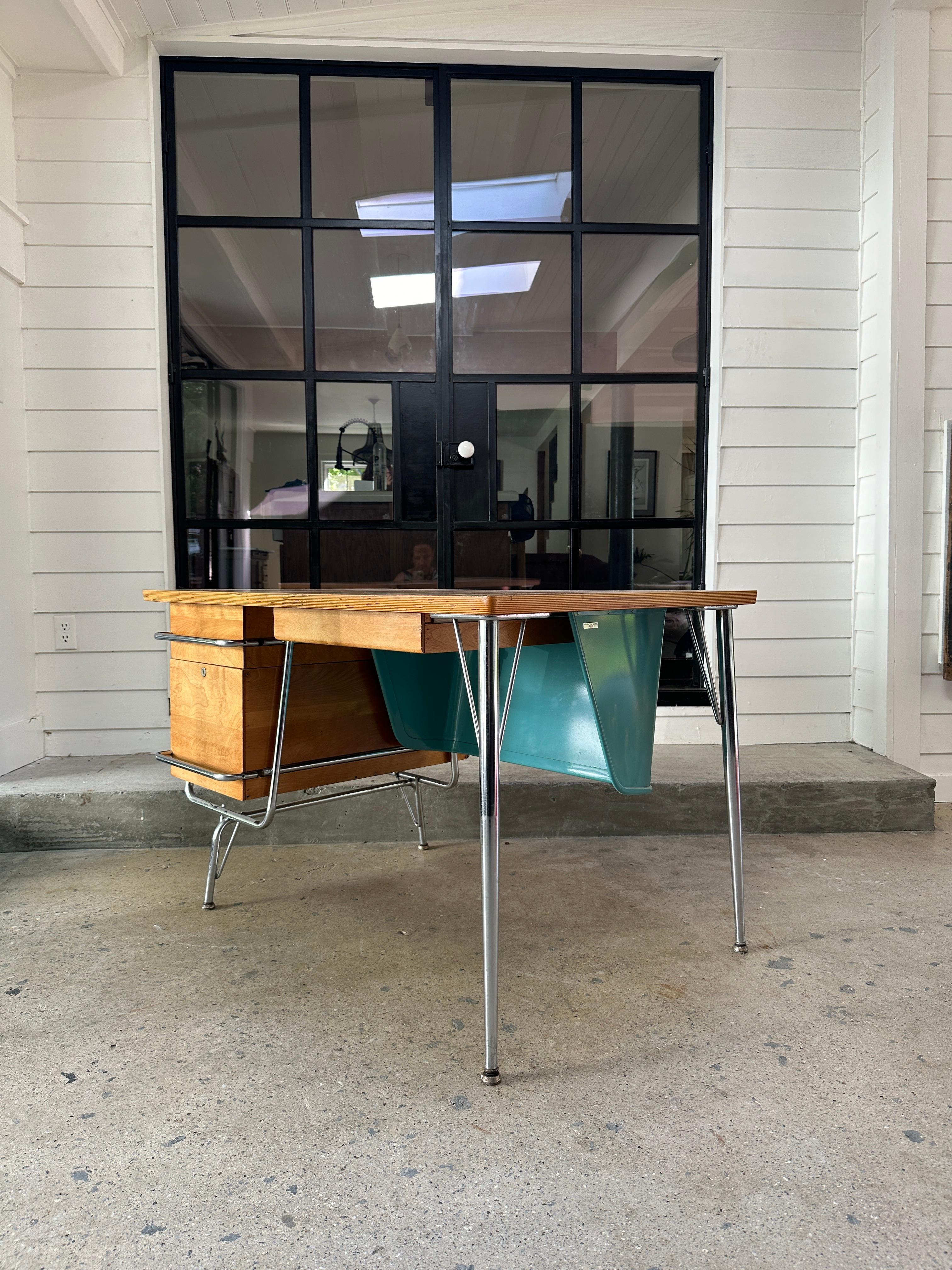 Chrome Mid Century Heywood Wakefield Trimline desk by Kem Weber design