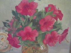 Mid Century Hibiscus Floral Still Life in Amber Vase