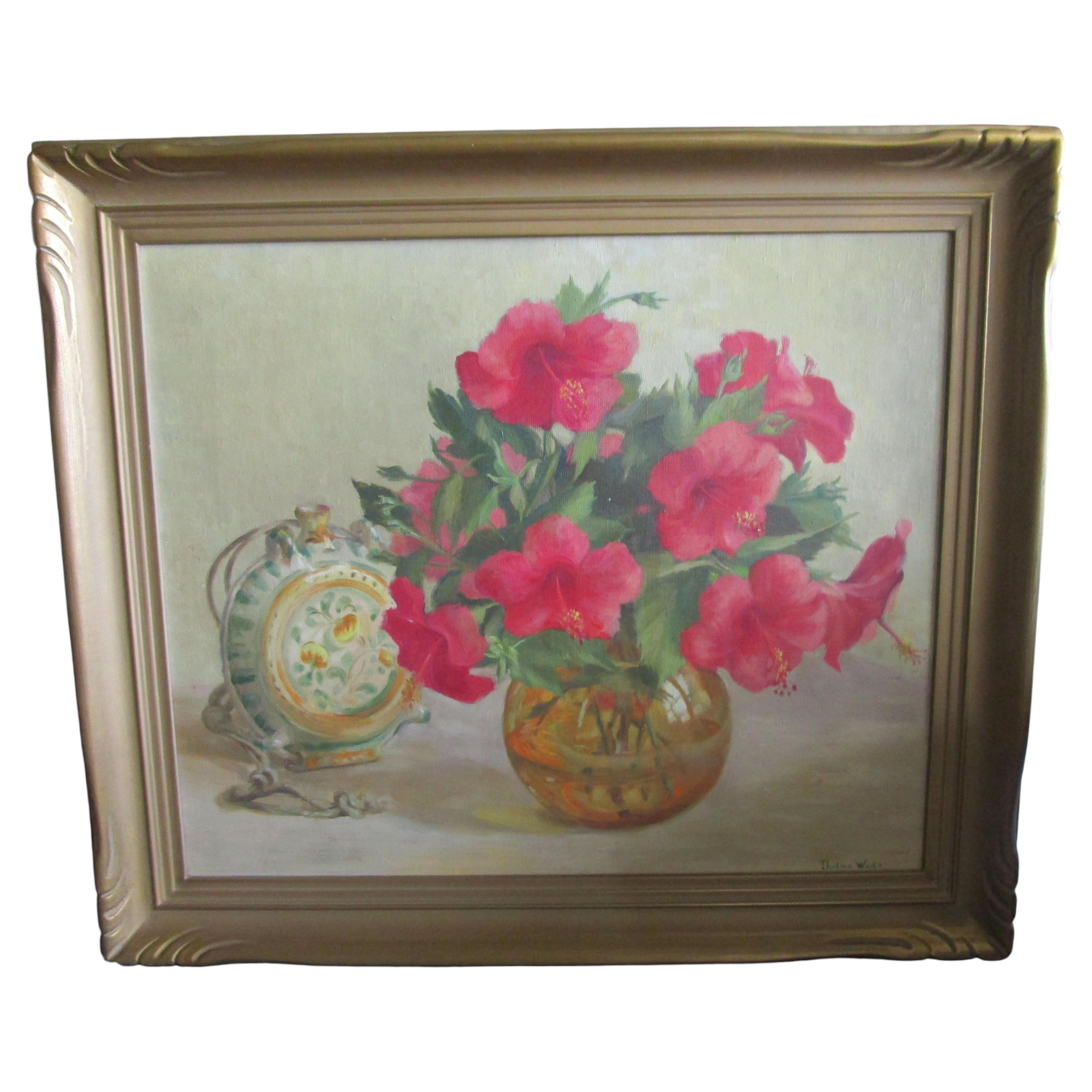 Original Signed Thelma Wade Mid Century Hibiscus Floral Still Life in Amber Vase For Sale