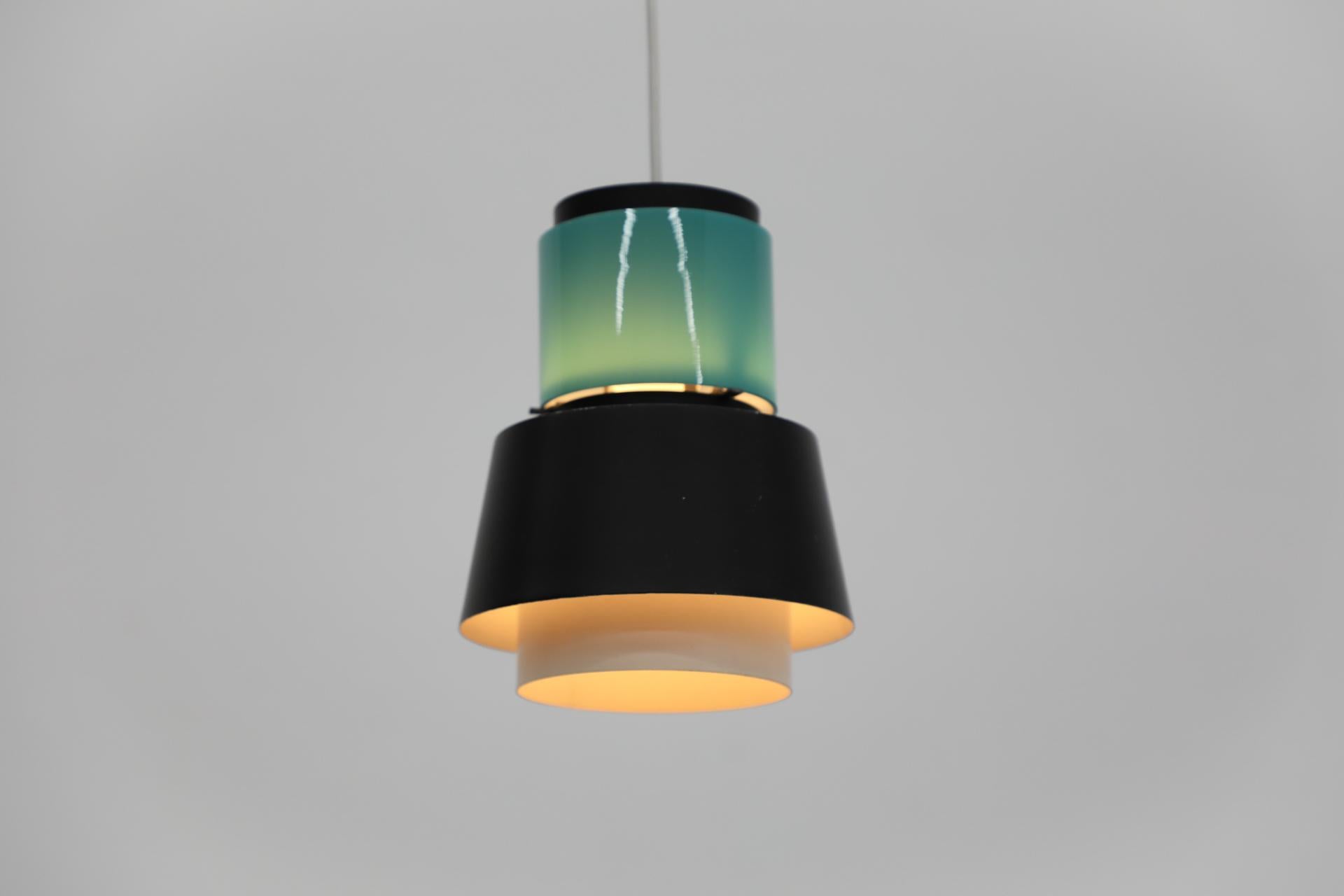 Enameled Mid-Century Hiemstra Pendant Light with Turquoise Glass Ring For Sale