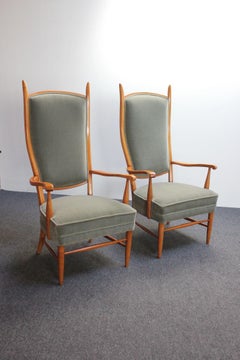 Mid-Century High-Back Birch and Mohair "Country Parson" Chairs by Maxwell Royal