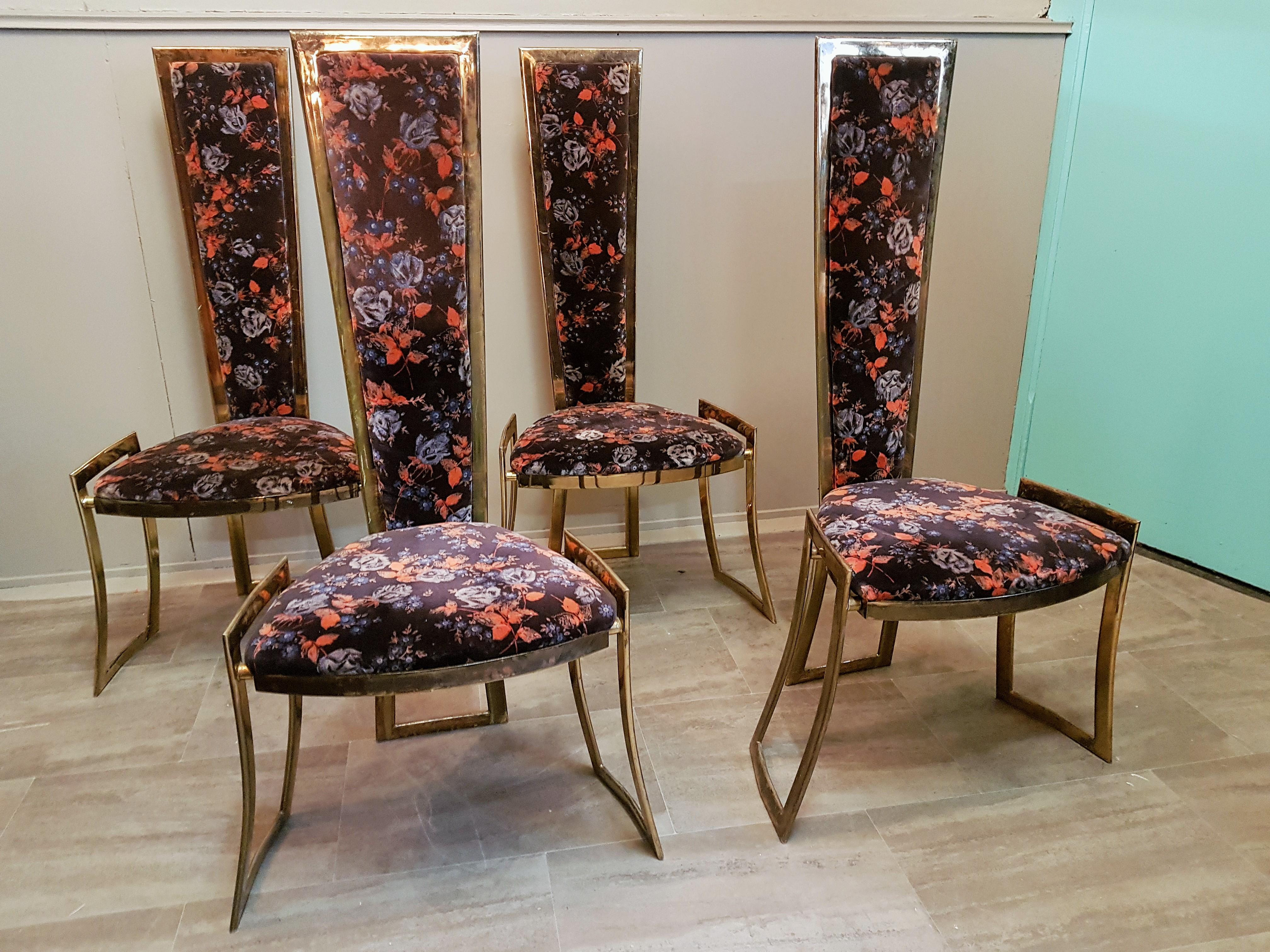 French Midcentury High Back Brass Chairs Style Rizzo Hollywood Regency, France 1960s For Sale