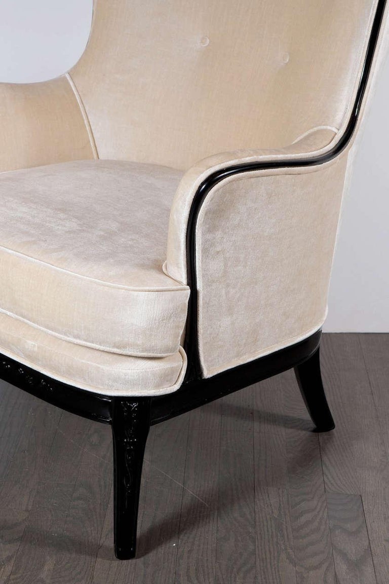 American Mid-Century High Back Chair in Oyster Velvet and Ebonzied Walnut Trim