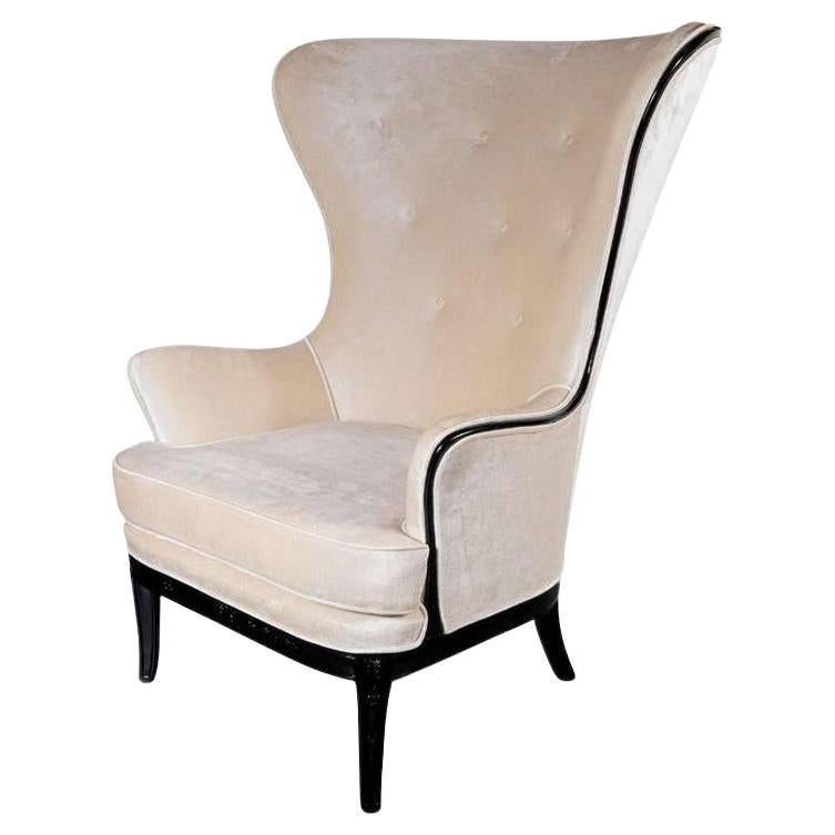 Mid-Century High Back Chair in Oyster Velvet and Ebonzied Walnut Trim