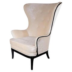 Mid-Century High Back Chair in Oyster Velvet and Ebonzied Walnut Trim