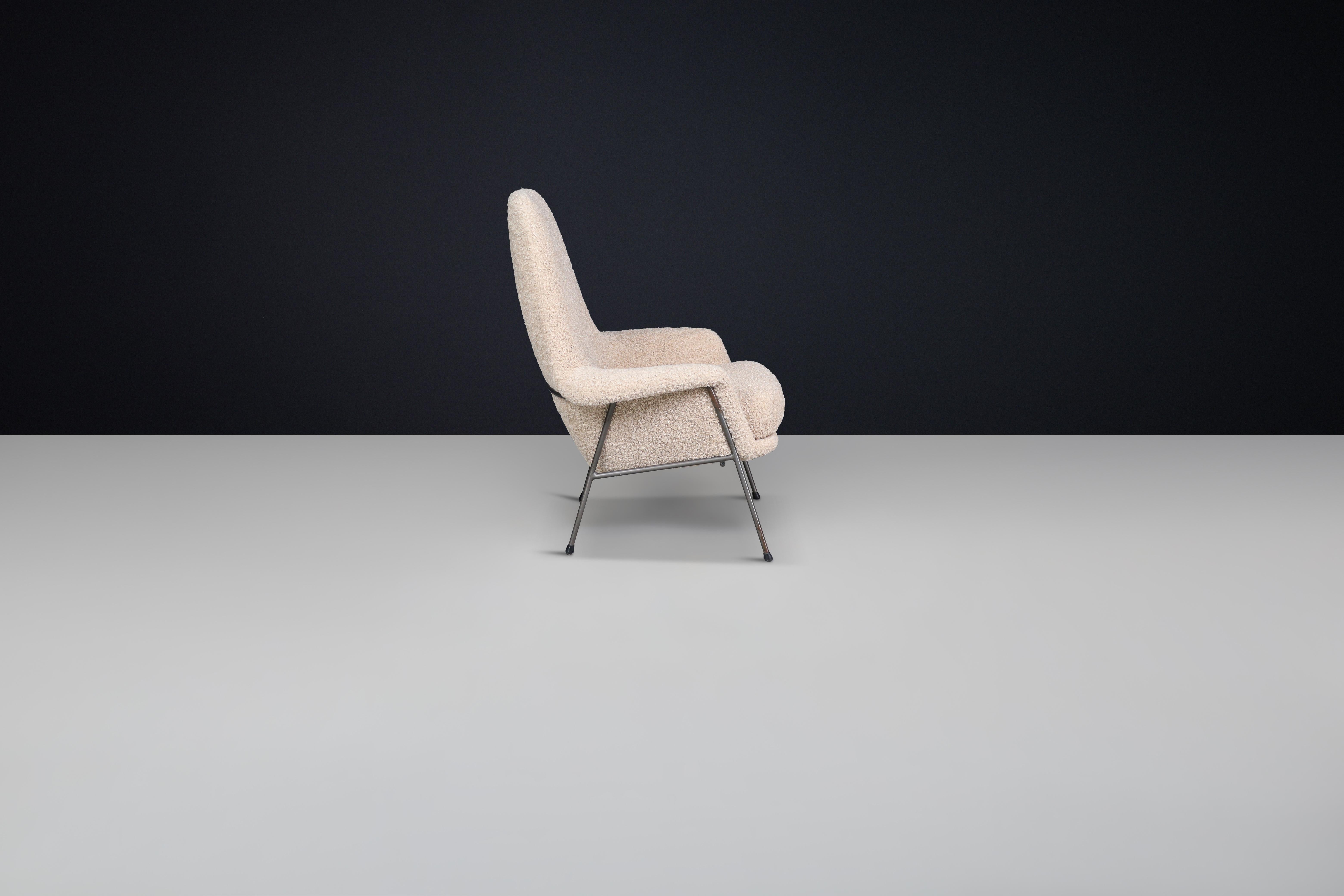 Metal Mid-Century High Back Lounge Gentleman Chair in Teddy Upholstery The Netherlands For Sale