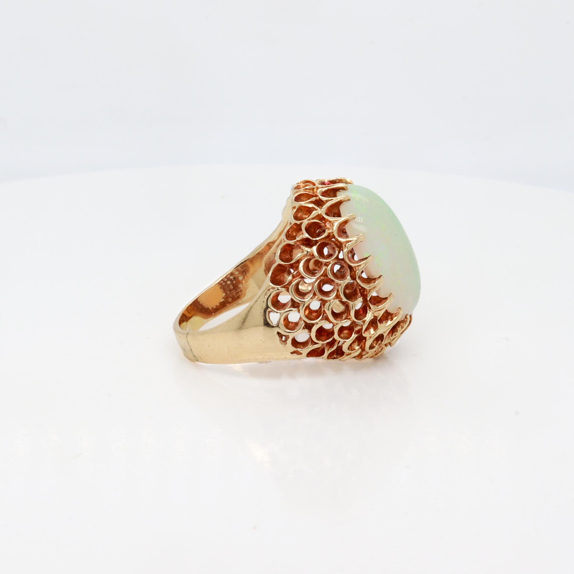 Mid-Century High Set 14K Gold & Opal Cabochon Cocktail Ring For Sale 6