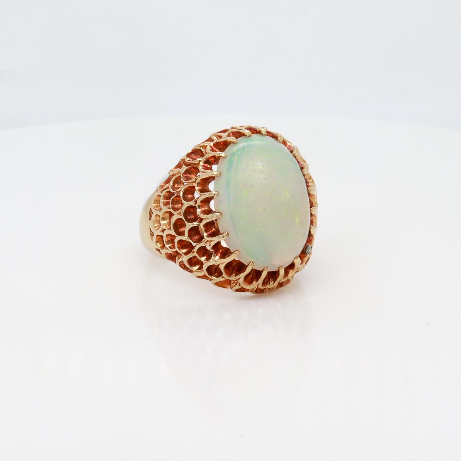 Mid-Century High Set 14K Gold & Opal Cabochon Cocktail Ring For Sale 7