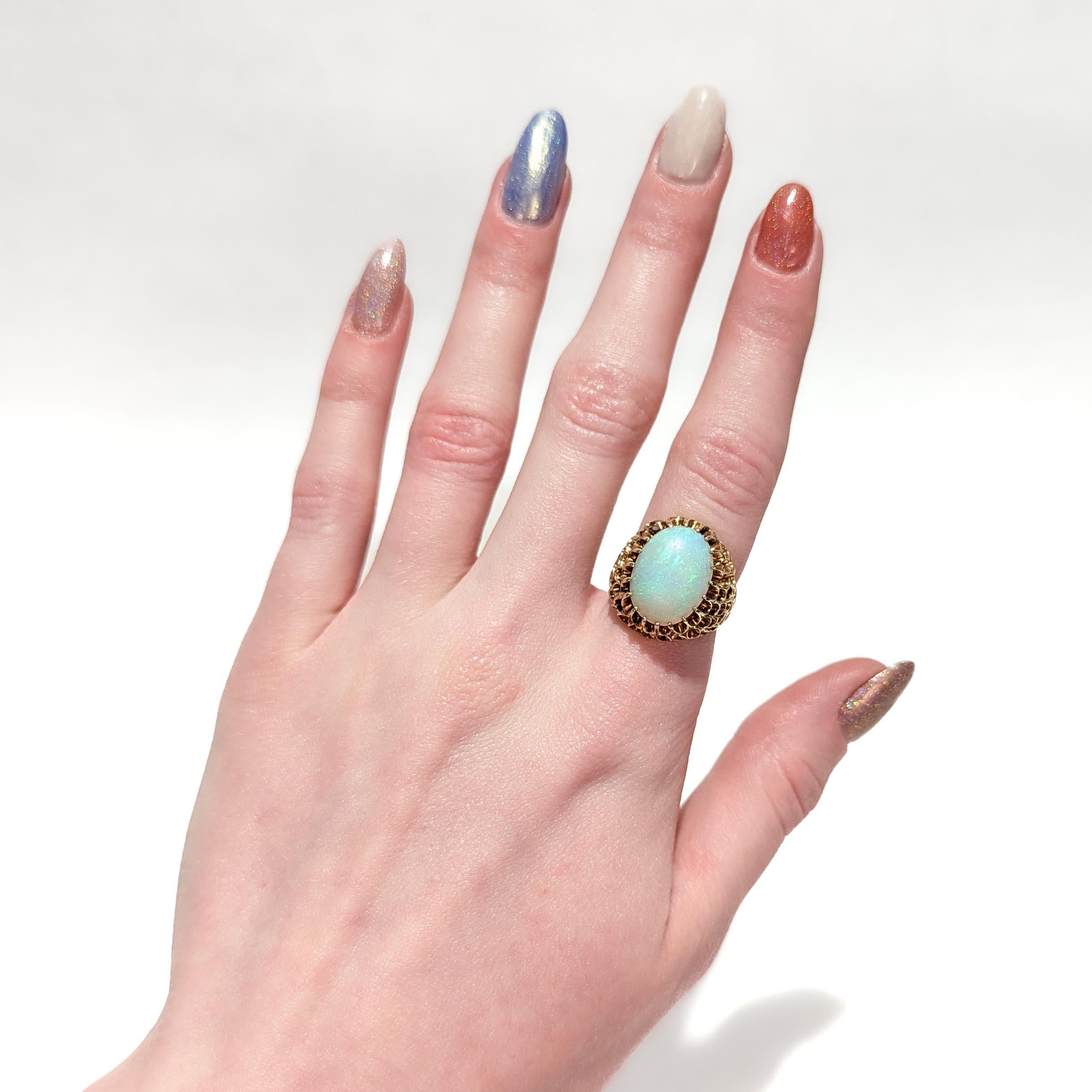 Mid-Century High Set 14K Gold & Opal Cabochon Cocktail Ring For Sale 9