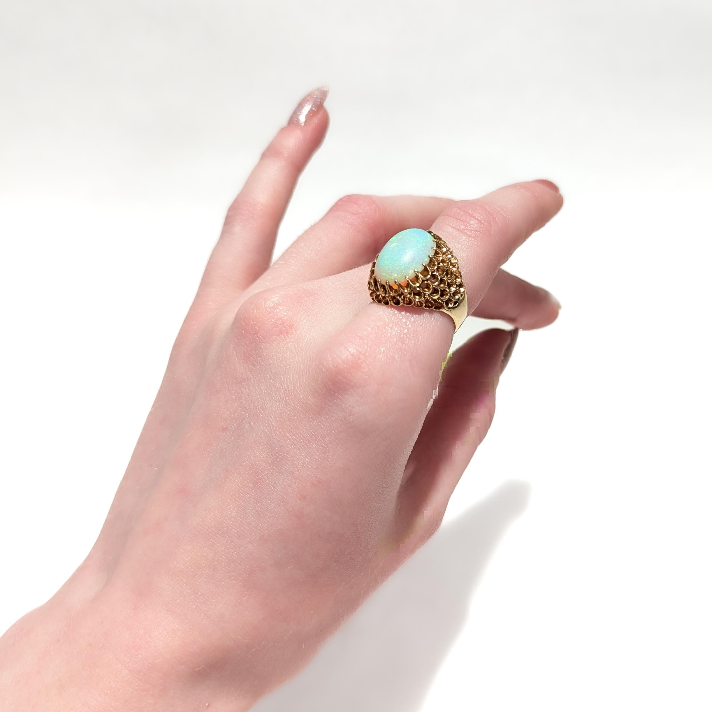 Mid-Century High Set 14K Gold & Opal Cabochon Cocktail Ring For Sale 10