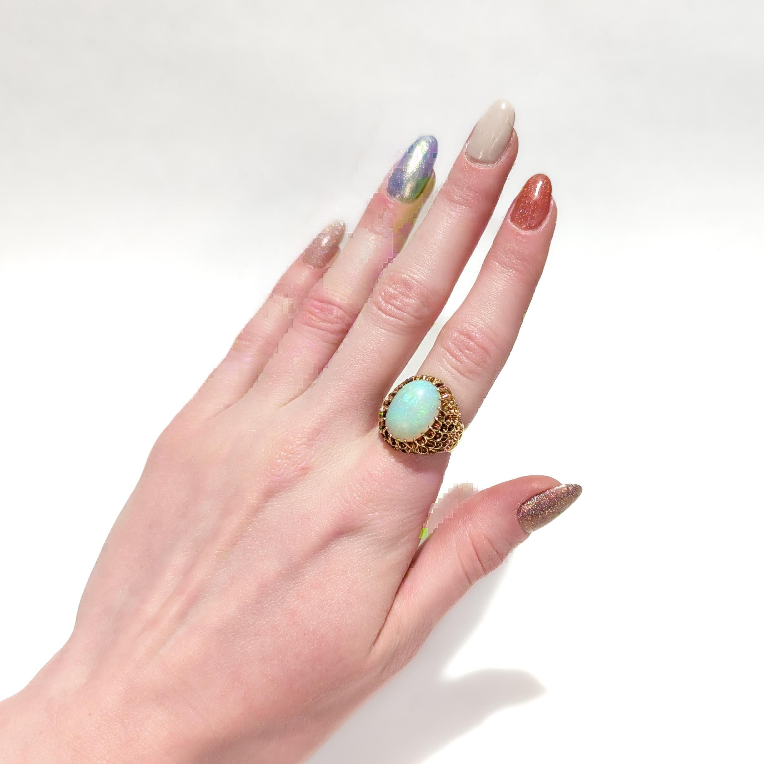 Modern Mid-Century High Set 14K Gold & Opal Cabochon Cocktail Ring For Sale