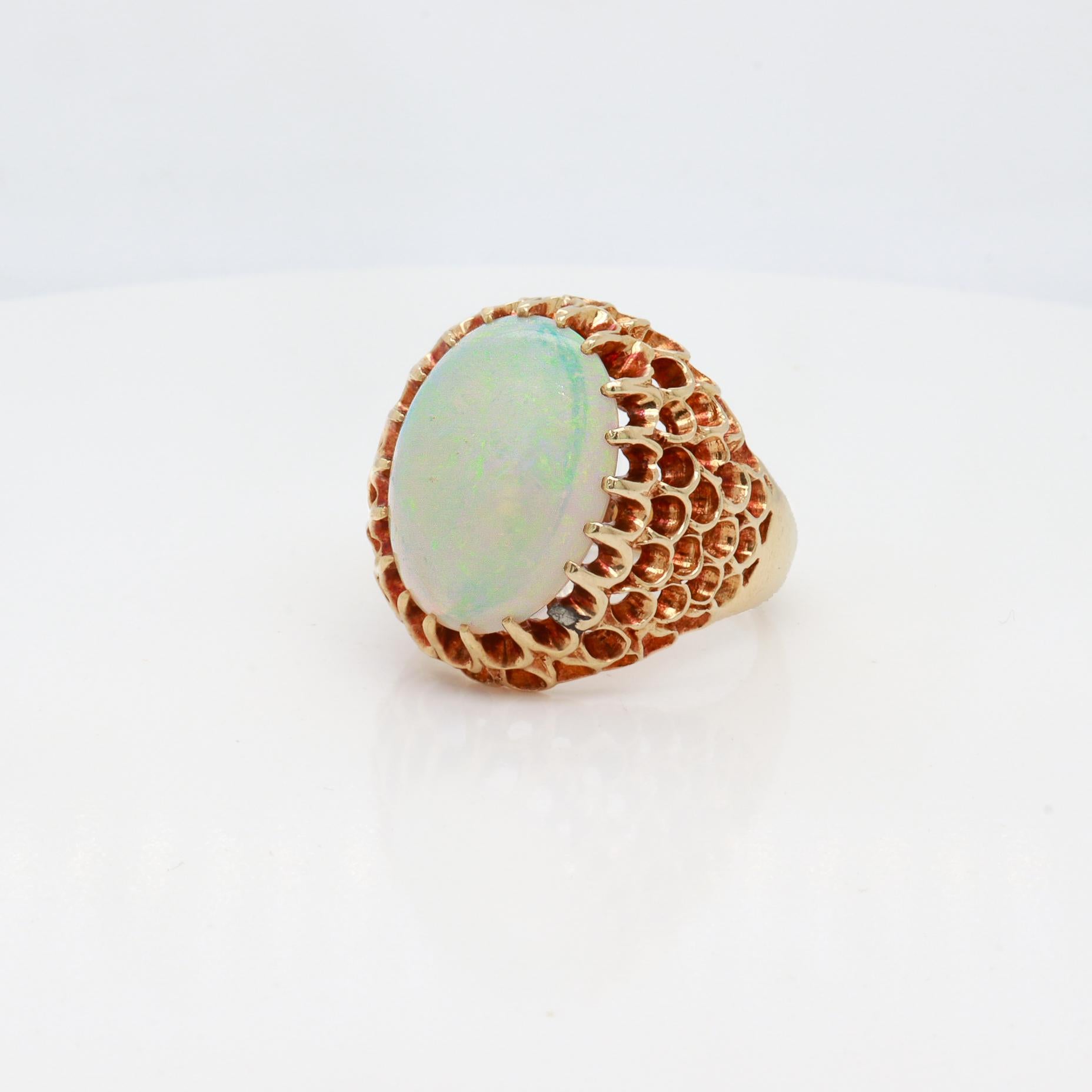 Mid-Century High Set 14K Gold & Opal Cabochon Cocktail Ring For Sale 2