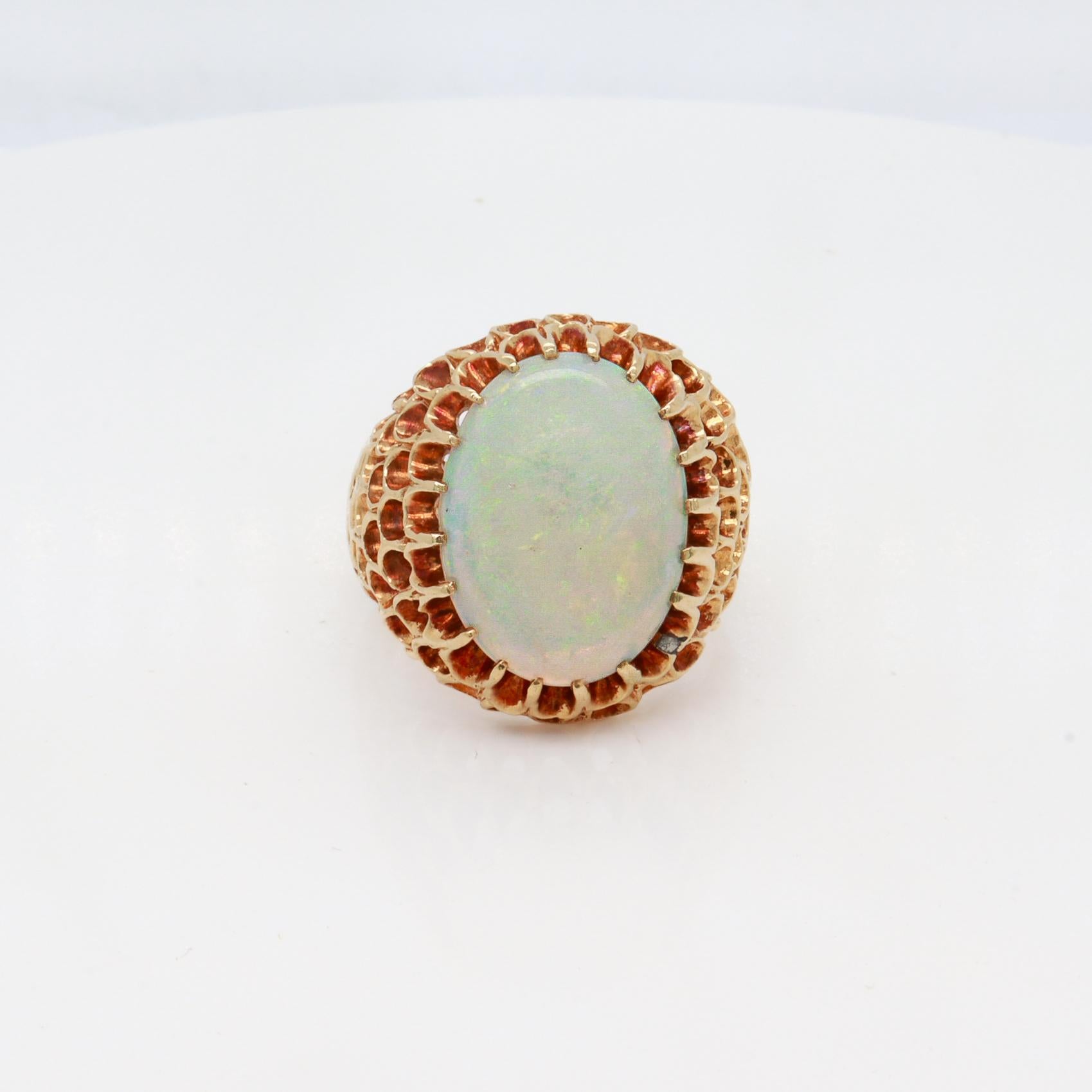 Mid-Century High Set 14K Gold & Opal Cabochon Cocktail Ring For Sale 3