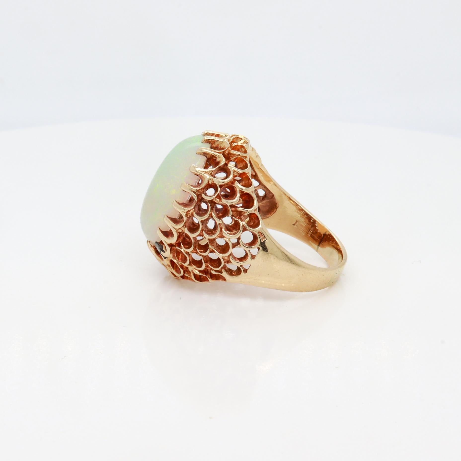 Mid-Century High Set 14K Gold & Opal Cabochon Cocktail Ring For Sale 4