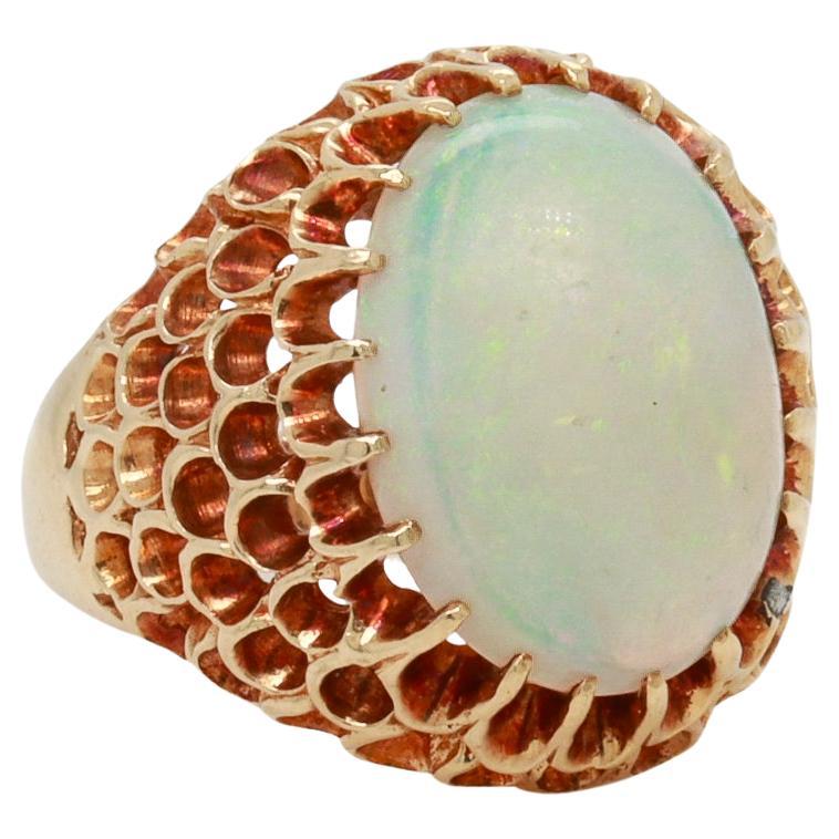 Mid-Century High Set 14K Gold & Opal Cabochon Cocktail Ring