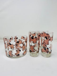 Vasos Highball de mediados de siglo y cubitera Dancing Pink Elephants de Hazel Atlas