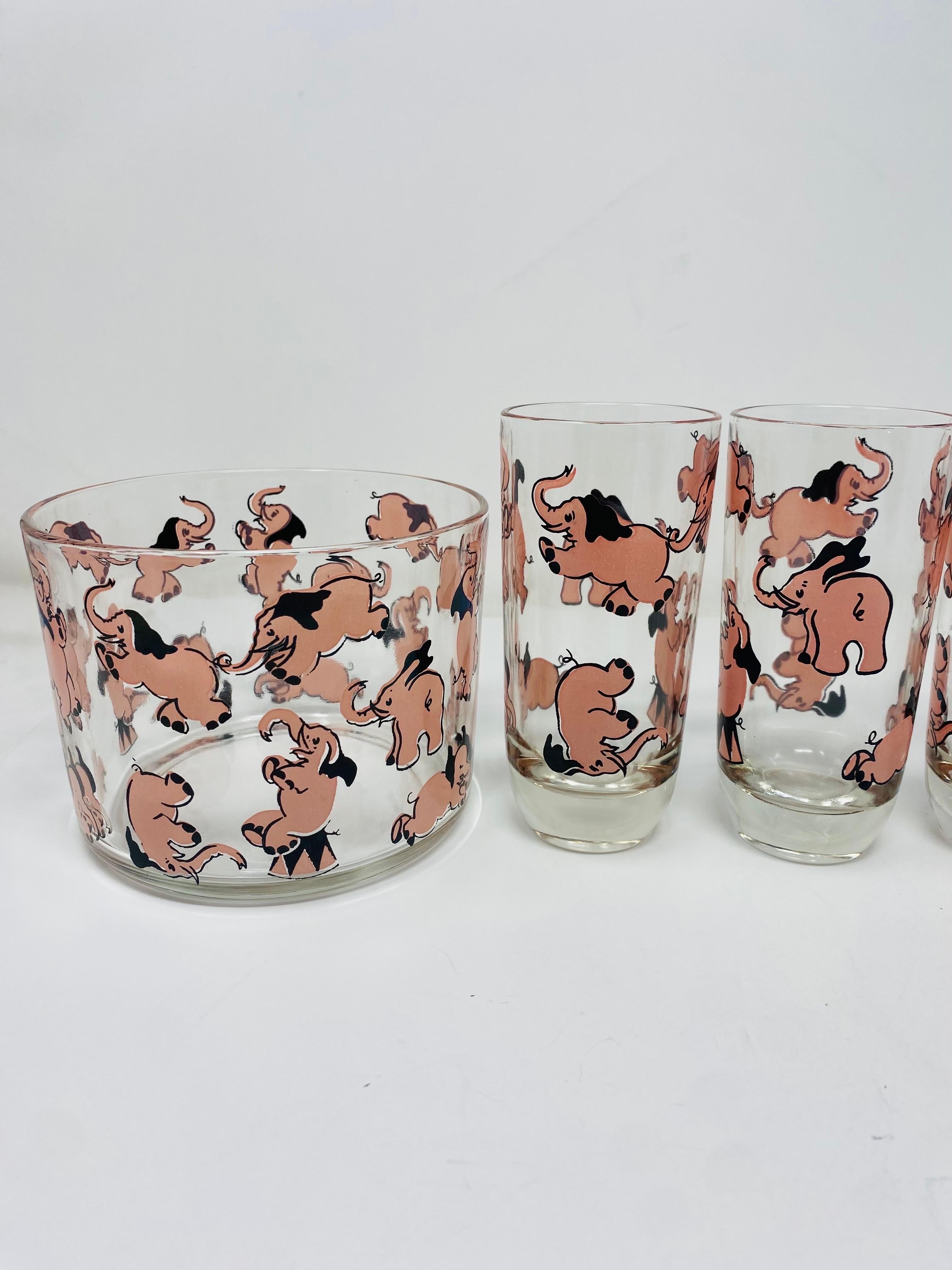 Hollywood Regency Mid-Century Highball glasses & Ice Bucket Dancing Pink Elephants by Hazel Atlas For Sale
